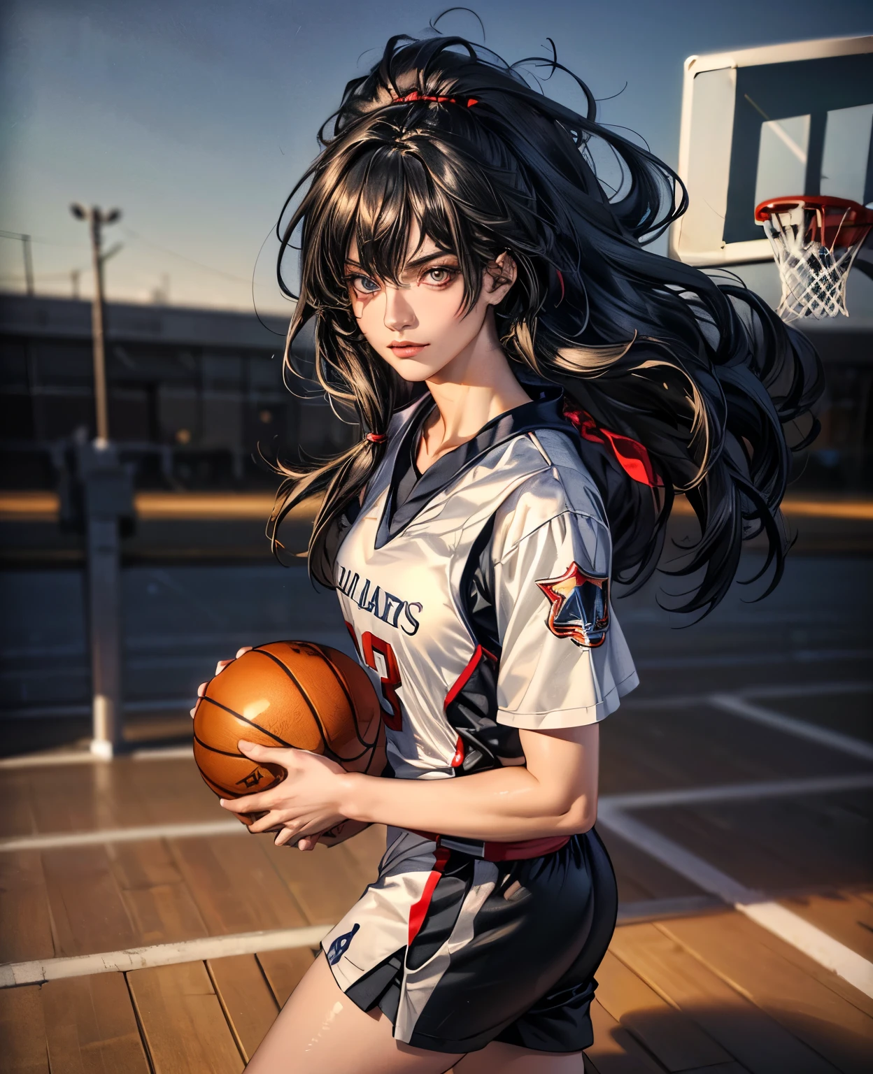 (8k, best quality, masterpiece:1.2), (realistic, photo-realistic:1.37), ultra-detailed,best quality, ultra high res, professional lighting, photon mapping, radiosity, physically-based rendering, cinematic lighting, basketball court,depth of field, sharp focus,sunbeam, good composition,(bokeh:1.2) 1girl,solo,(full body), (closed mouth),beautiful detailed eyes, pose, narrow waist,basketball uniform, black hair,messy hair,long hair floating in wind,(ulzzang-6500:1.2),  mix4, hiqcgbody