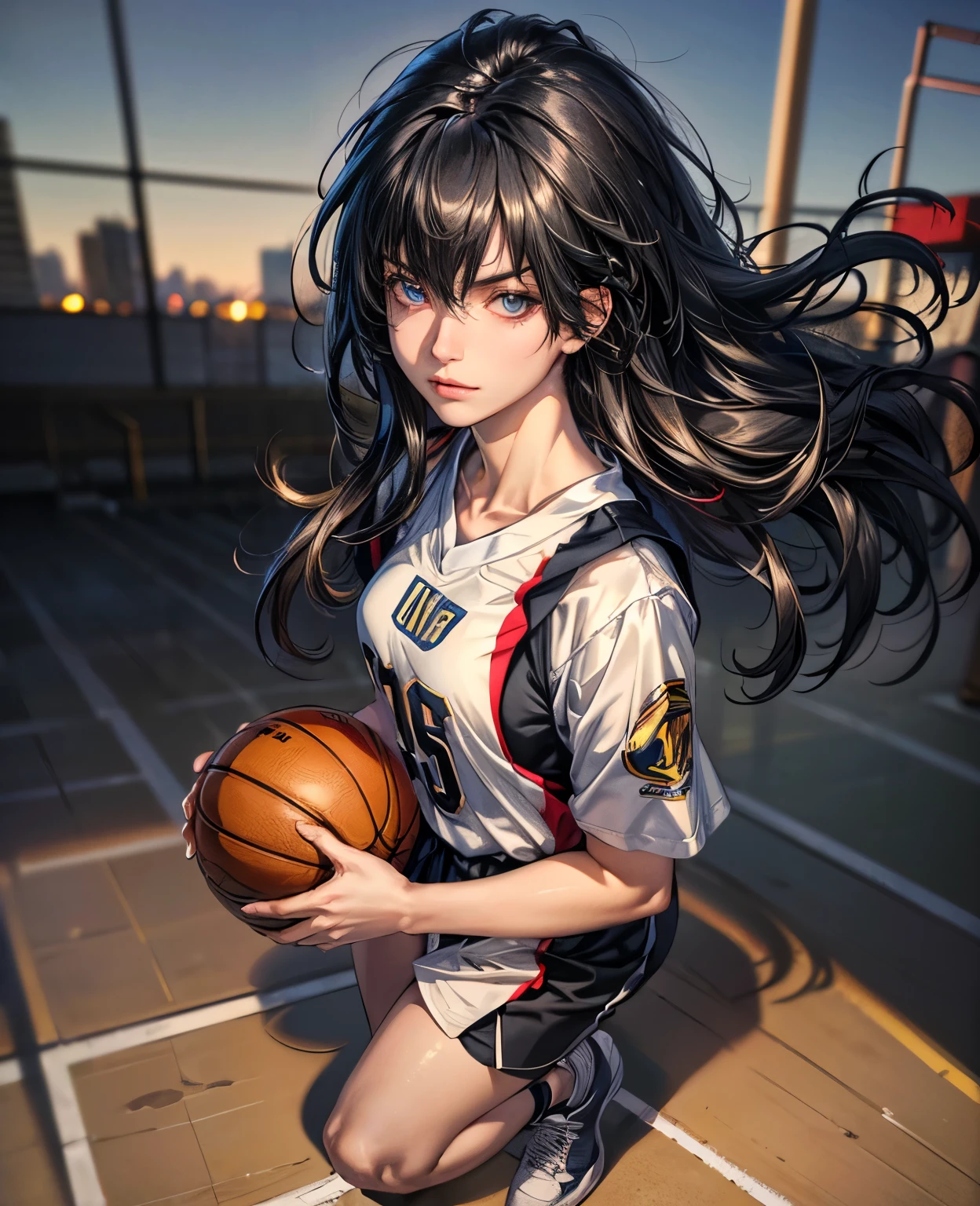 (8k, best quality, masterpiece:1.2), (realistic, photo-realistic:1.37), ultra-detailed,best quality, ultra high res, professional lighting, photon mapping, radiosity, physically-based rendering, cinematic lighting, basketball court,depth of field, sharp focus,sunbeam, good composition,(bokeh:1.2) 1girl,solo,(full body), (closed mouth),beautiful detailed eyes, pose, narrow waist,basketball uniform, black hair,messy hair,long hair floating in wind,(ulzzang-6500:1.2),  mix4, hiqcgbody