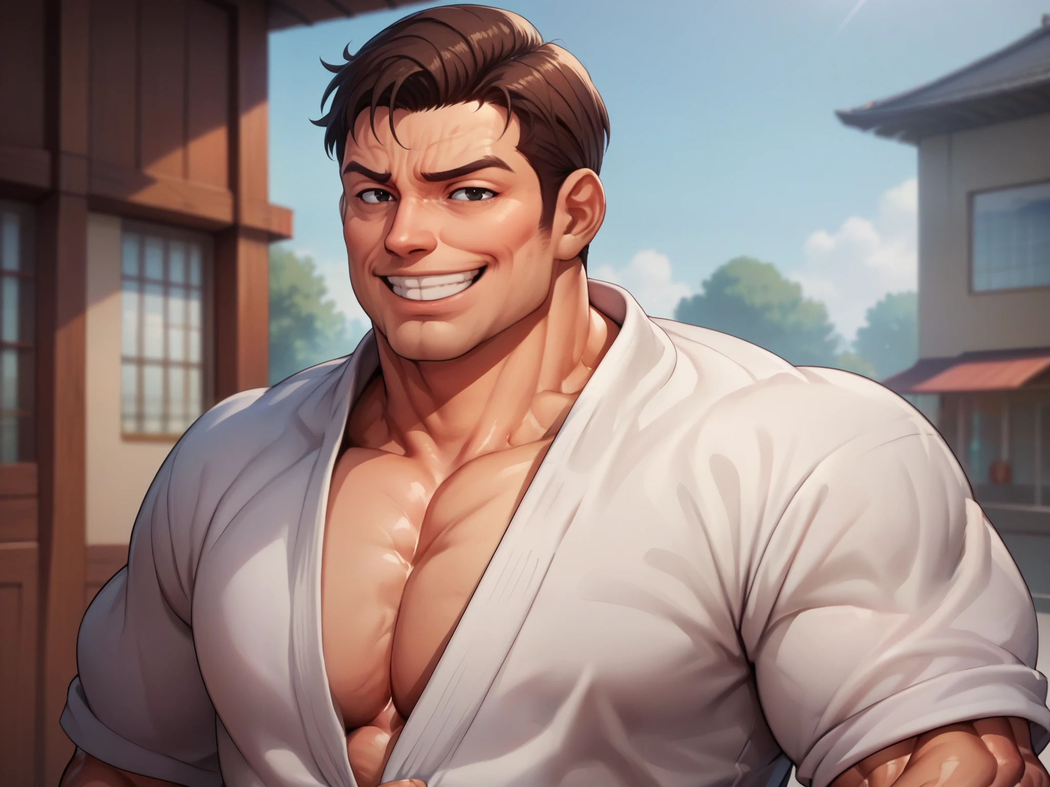 score_9, score_8up, score_7up, score_6up, score_5up, score_4up, source_cartoon, rating_explicit, BREAK, Takuma Sakazaki, aof_takuma, brown hair, black eyes, male, 50 years old, mature, muscle daddy, muscle man, bodybuilder, abs, smooth wrinkles, dougi, smiling, lifting hand, 