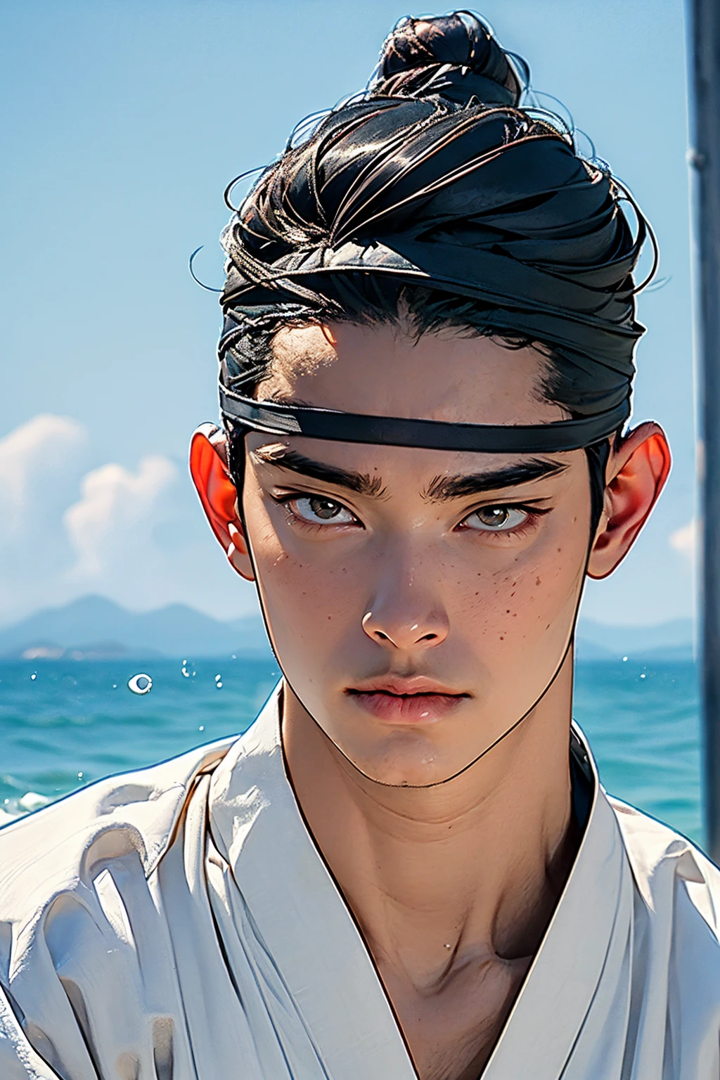 (absurdres, highres, masterpiece, best quality, ultra-realistic,ultra-detailed),(beautiful detailed face and eyes and hair:1.1),handsome,mature,asian man,tall and muscular,broad shoulders,black hair,black eyes,datailed face,topknot,see-through headband,white hanbok,sad,upper body, sea background