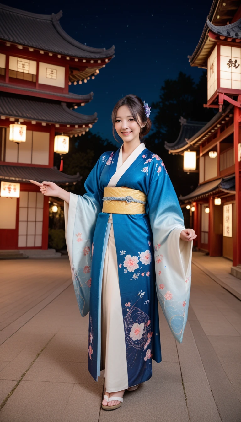 a beautiful japanese woman, wearing a kimono, smiling, full body, old japanese town at night, beautiful detailed eyes, beautiful detailed lips, extremely detailed eyes and face, long eyelashes, intricate kimono design, detailed traditional architecture, warm lighting, vivid colors, (best quality,4k,8k,highres,masterpiece:1.2),ultra-detailed,(realistic,photorealistic,photo-realistic:1.37),stunning portrait,traditional japanese art