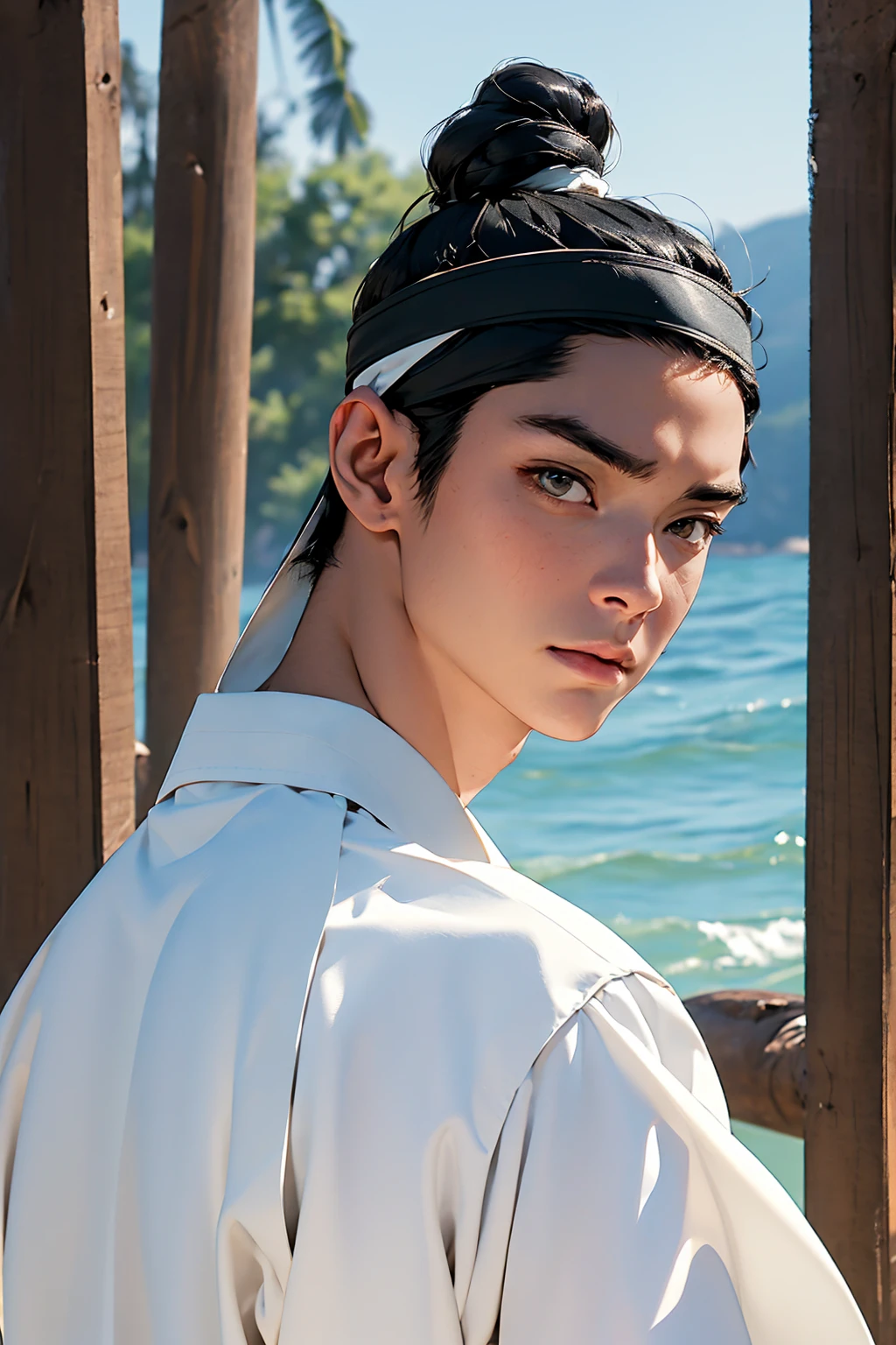 (absurdres, highres, masterpiece, best quality, ultra-realistic,ultra-detailed),(beautiful detailed face and eyes and hair:1.1),handsome,mature,asian man,tall and muscular,broad shoulders,black hair,black eyes,datailed face,topknot,see-through headband,white hanbok,sad,upper body, sea background