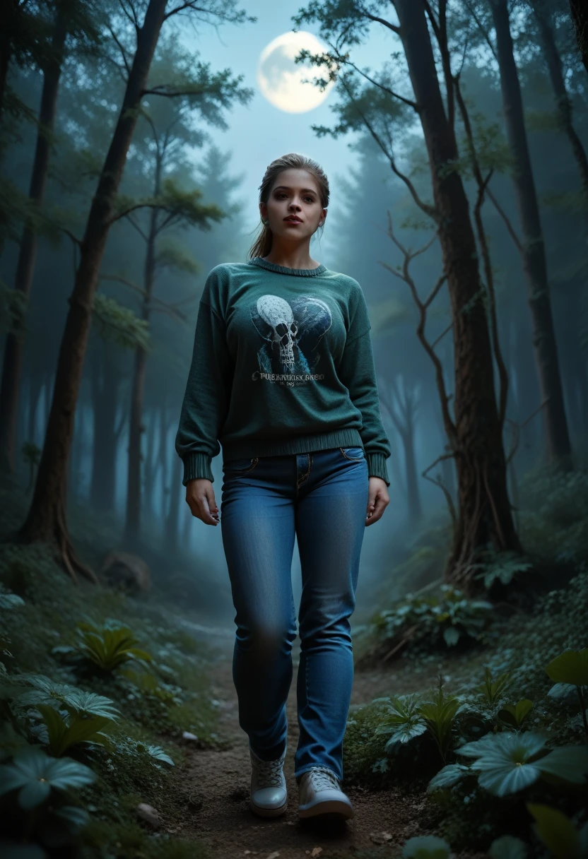 Deep forest, Moon, moonlight, deep dark, full-length, Three-Quarter, woman, out of breath, pants hardly, stands, crouch, touching tree, green sweater, blue jeans, dynamic pose, horror dark lightning, dramatic light, photorealistic, 4k, 8k, raw, ultra detailed, 8 k ultra realistic