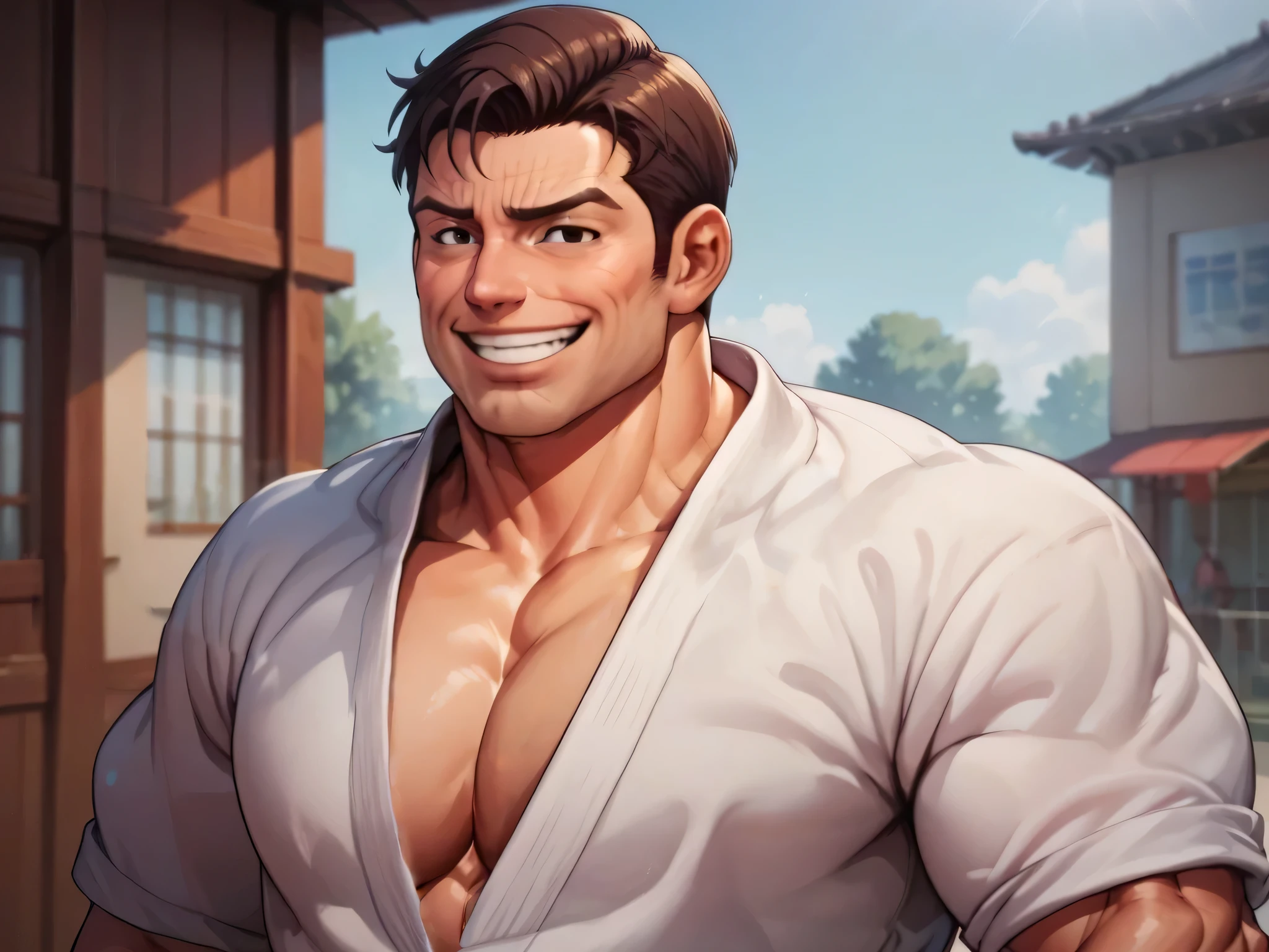 score_9, score_8up, score_7up, score_6up, score_5up, score_4up, source_cartoon, rating_explicit, BREAK, Takuma Sakazaki, aof_takuma, brown hair, black eyes, male, 50 years old, mature, muscle daddy, muscle man, bodybuilder, abs, smooth wrinkles, dougi, smiling, lifting hand, 