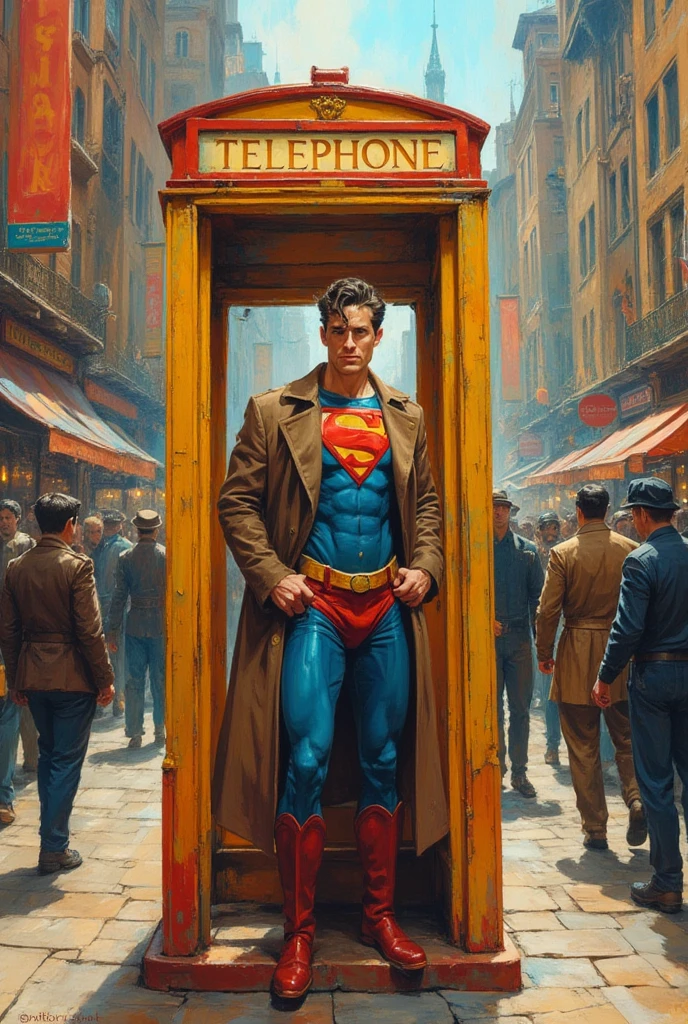 An illustration of a graphic art board with great visual quality and very detailed by the clear line and vibrant with pastel colors very smoky and aqueous, In a crowded street of metropolis 30’s Clarc Kent with a long brown trench coat while he enters footfully into a yellow and red cast iron phone booth starts to strip showing under his shirt the suit of Superman with his symbol on his chest 