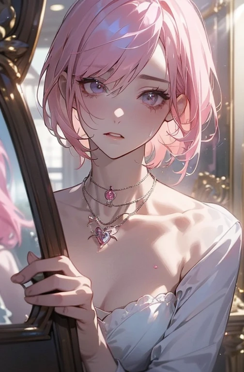 ((masterpiece:1.2)).8k.、     sexy、Center of chest、     Rise of the Chainsaw Man       、Beauty、     yandere、、       Face Closeup   、      Painful Screaming Kiss       、     chest tattoo     、      Christian Dior necklace bouquet 、(  The background is white )、(     waitress     )、((     Pink Hair)).(( Look Down)).(( browse viewers))、(A glass space reflecting like a mirror  )).