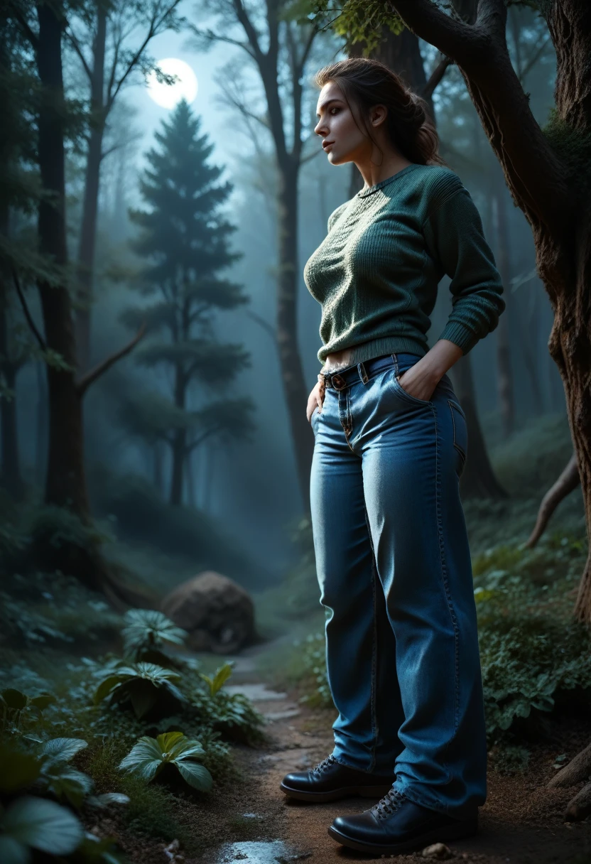 Deep forest, Moon, moonlight, deep dark, full-length, Three-Quarter, green sweater, blue jeans, woman, out of breath, pants hardly, stands, crouch, rely on tree, dynamic pose, horror dark lightning, dramatic light, photorealistic, 4k, 8k, raw, ultra detailed, 8 k ultra realistic