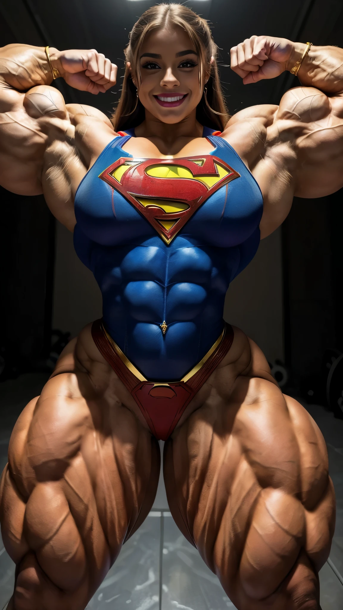 ((((Massive, tall, beautiful, buff, pale white skinned muscular woman with cyan hair, ginormous bulky muscles and wearing an all cyan Wonder Woman suit with pleated skirt and a cape)))), close view, ((massive muscle)), massive biceps, hyper muscle shoulders, massive muscle arms, vascular shoulders, hyper muscle triceps, (beachy long hair), purple eyes, superhero gauntlets, choker, ((in the mount Olympus)), superhero boots, confident smile, night, hyper vascular arms, hyper muscles arms, hyper muscle legs, (ginormous arms),