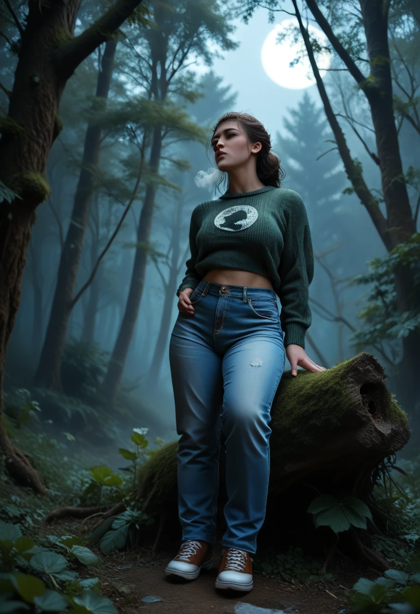 Deep forest, Moon, moonlight, deep dark, full-length, Three-Quarter, green sweater, blue jeans, woman, out of breath, pants hardly, very tired, crouch, rely on tree, dynamic pose, horror dark lightning, dramatic light, photorealistic, 4k, 8k, raw, ultra detailed, 8 k ultra realistic