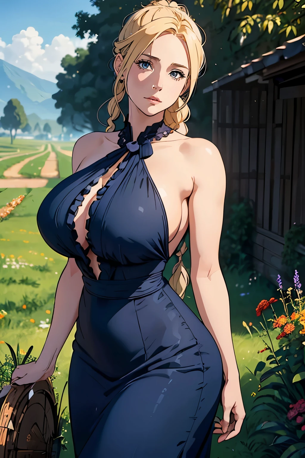 Beautiful Farmer with Braids. ((        BLONDE WOMAN, very straight hair,   young woman,     mature milf's face,     ponytail   , tall woman)), Perfectly round face. cute and pretty face, big lips, beautiful and voluptuous    , enchanting beauty, ((gentle expression on his face)), ((Beautiful big,   olhos azuis detalhados  )),  thin waist, long legs (( Dark blue dress with ruffles,     mature adult woman    , adult milf face, capa longa, farmer dress)) (  sniper  )),official art, Award-winning digital painting,     digital illustration  ,     extreme details    , 4K, Ultra HD, rococo, polished, intricate, Realistic fantasy art, sharp focus,     conceptual artwork, arte por wlop, germ of art, (2D vector illustration) light, airy,    hourglass figure   . ellie bamber
