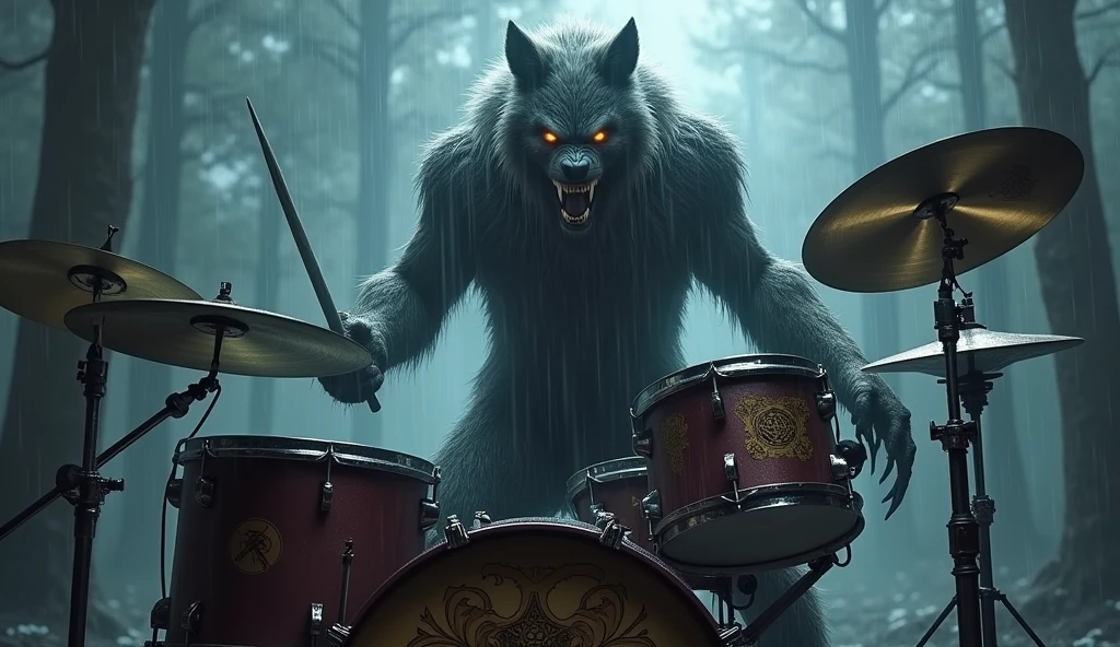 Werewolf showing teeth playing drum