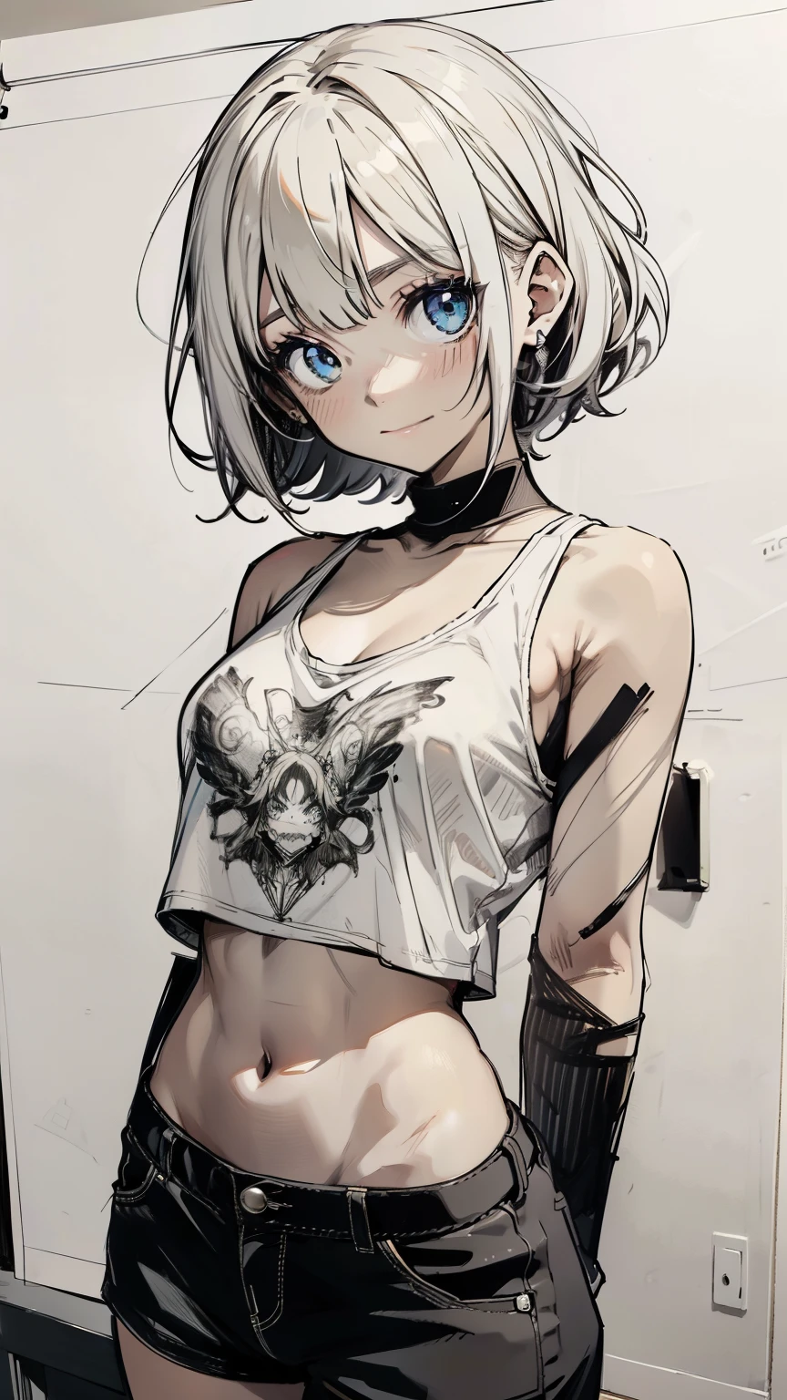 (topless), nsfw, masterpiece, magazine cover, 1 girl, erect nipples, nipples, navel, necklace, denim shorts, smiling, horse ears, horse tail, bare breasts, bare stomach, sweaty, cowboy shot, small breasts, puffy nipples, black belt, leg strap, hair ribbon, texts, bare arms, hands on waist, elbows, painted body, body graffiti, wall graffiti, leaning against the wall, body tattoos, winking, happy
