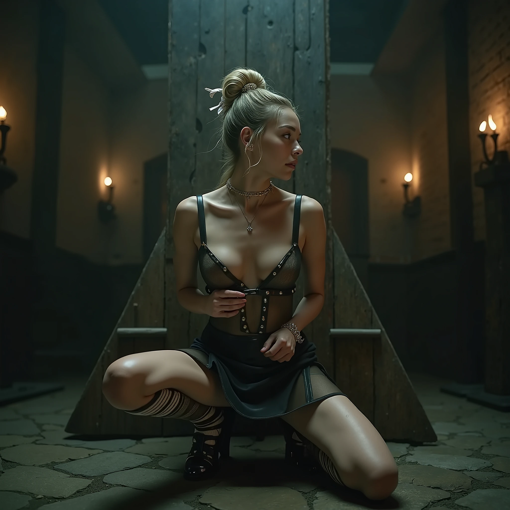 In this breathtaking artistic masterpiece, painstakingly crafted to deliver unparalleled realism and depth, we are drawn into a scene of raw emotion and intensity. Our gaze is immediately captivated by the figure of a young woman, her form illuminated by a soft, flickering light that casts shadows across the cold stone walls of a dimly lit dungeon.
As our eyes adjust to the darkness, we begin to discern the intricate details of her features: expressive eyes that seem to hold a universe of emotion within their depths, framed by cascading twintails of rich, blonde hair that tumble down her back like cascading waves. Her face is a study in perfection, with delicate contours and a flawless complexion that speaks to her youth and beauty.
Yet, despite her captivating appearance, there is an unmistakable air of vulnerability about her. She stands before us, completely nude and exposed, her body bathed in the eerie glow of the dungeon's harsh lighting. A collar encircles her neck, a stark reminder of her captivity, while her clenched teeth betray the silent agony of her confinement.
But it is her hands that draw our attention most of all. Held aloft and bound by chains to the ceiling above, they speak of a struggle against unseen forces, a desperate bid for freedom in the face of overwhelming adversity. And as our gaze drifts downward, we see that her ankles too are bound, tethered to the floor by heavy chains that anchor her to this dismal place.
In this scene of darkness and despair, we are confronted with the harsh reality of captivity and confinement. Yet, even in the depths of her suffering, there is a glimmer of defiance in the woman's eyes, a silent challenge to those who would seek to break her spirit. It is a moment frozen in time, a testament to the resilience of the human spirit in the face of unimaginable hardship