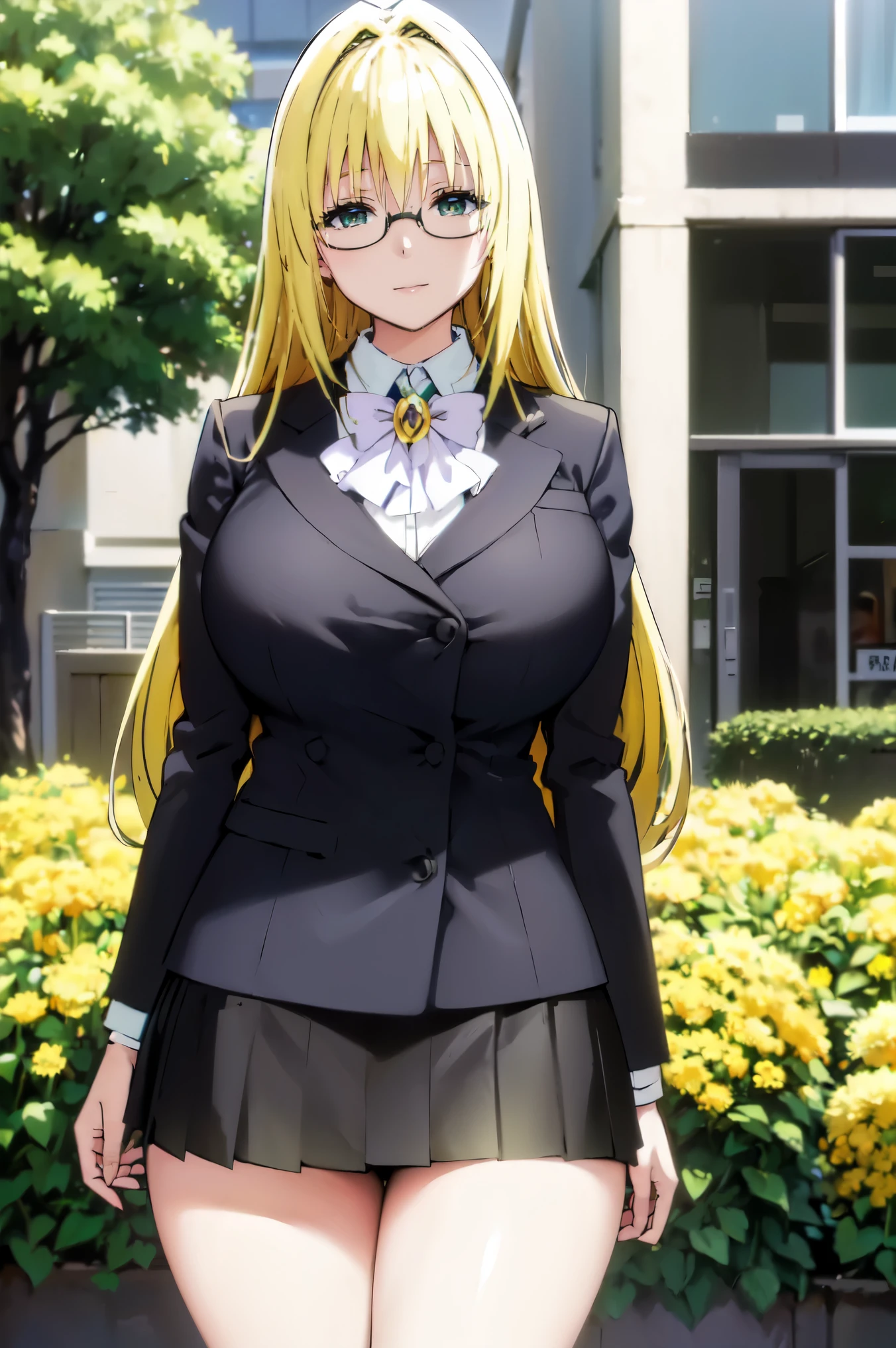 Blonde hair, very huge tits,   ((black bussines suite, glasses, skirt, white nectie)), thick, busty, green eyes,  ponytaik hair, upperbody, smile, legs, thigh, flower garden