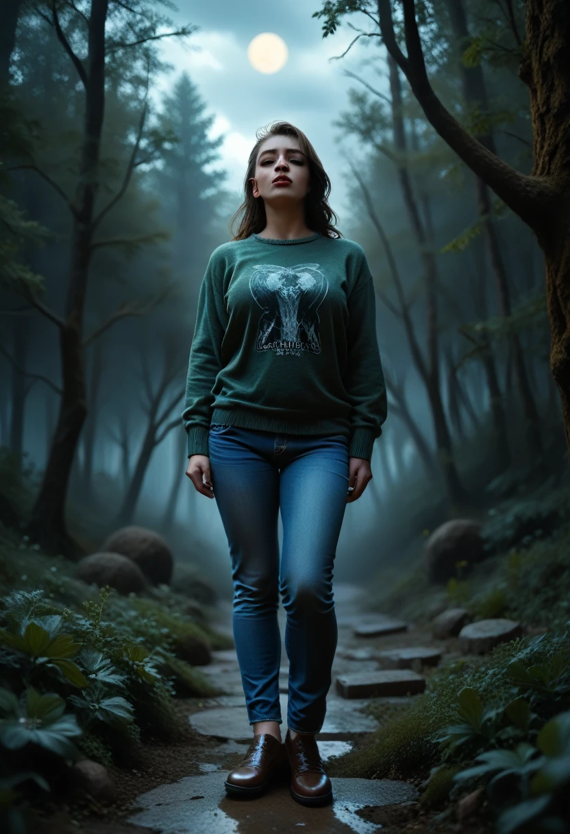 Deep forest, Moon, moonlight, deep dark, full-length, Three-Quarter, one-color green sweater, blue jeans, brown shoes, woman, out of breath, clouds from breath, pants hardly, very tired, crouch, rely on tree, dynamic pose, horror dark lightning, dramatic light, photorealistic, 4k, 8k, raw, ultra detailed, 8 k ultra realistic