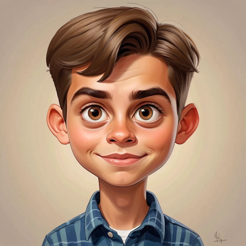  Create a funny caricature of a fifteen-year-old boy with straight short light brown hair,  brown eyes, round face, with the physiognomy of your serious face   