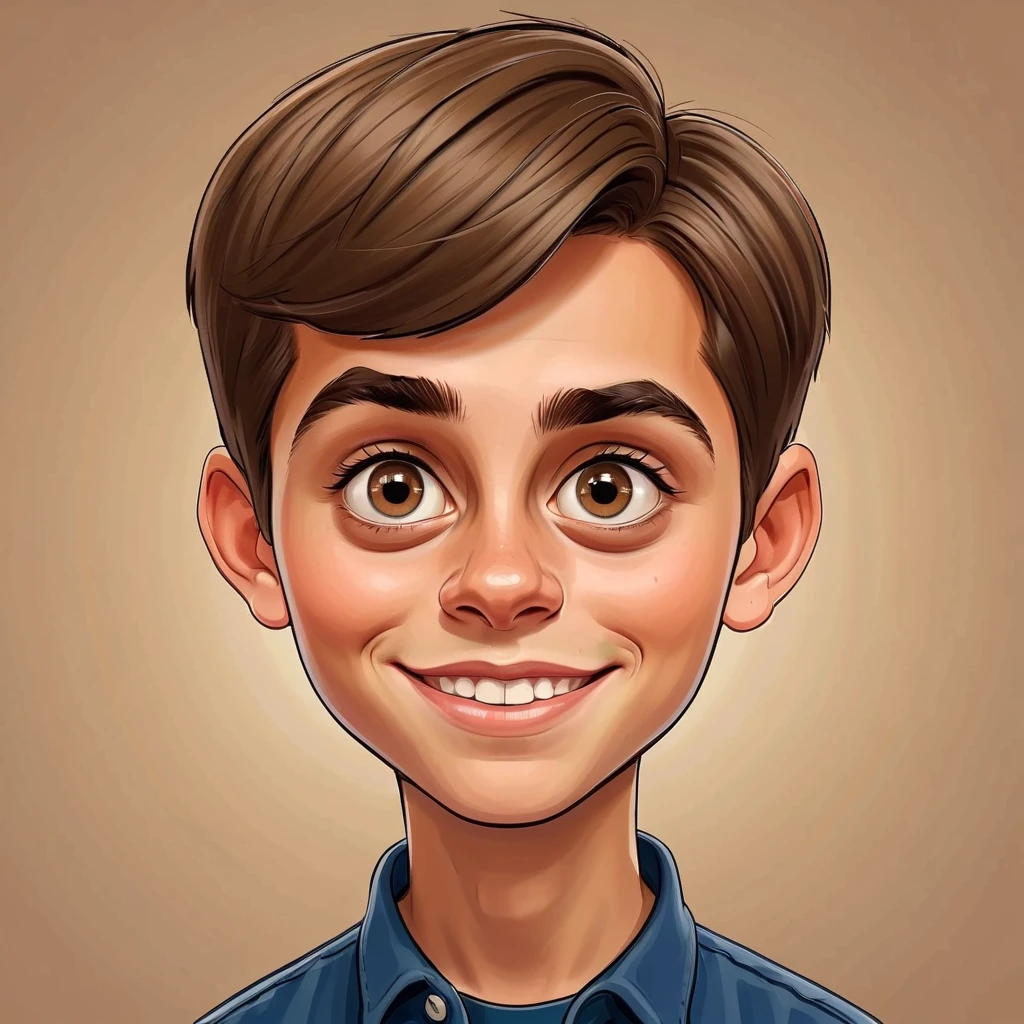  Create a funny caricature of a fifteen-year-old boy with straight short light brown hair,  brown eyes, round face, with the physiognomy of your serious face   