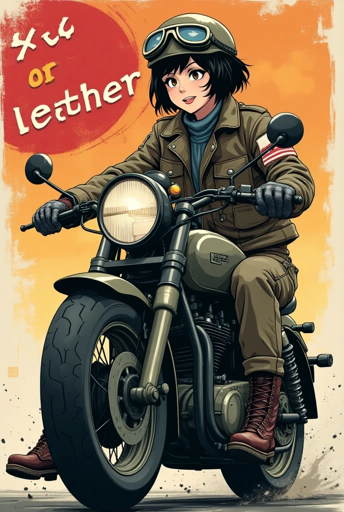 pop art . Young beautiful disheveled dark haired , short hair, ,Smiling Japanese woman Durable cargo pants, Durable boots, Vintage Helmet、Goggles and gloves, 、 I'm wearing a flight jacket with a Japanese flag patch on my shoulder、 riding a military motorcycle with block tires . Over her head, "or leather" It is written in bold, Bold graffiti style capital letters , battlefield