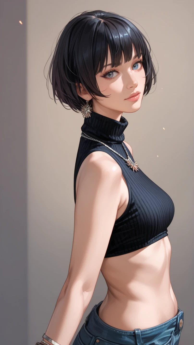 1girl,short hair with bangs,fitted black turtleneck crop top, cropped denim miniskirt,necklace, bracelet,ultra-detailed,realistic portrait,vivid colors,warm tones,standing  in an elegant ballroom