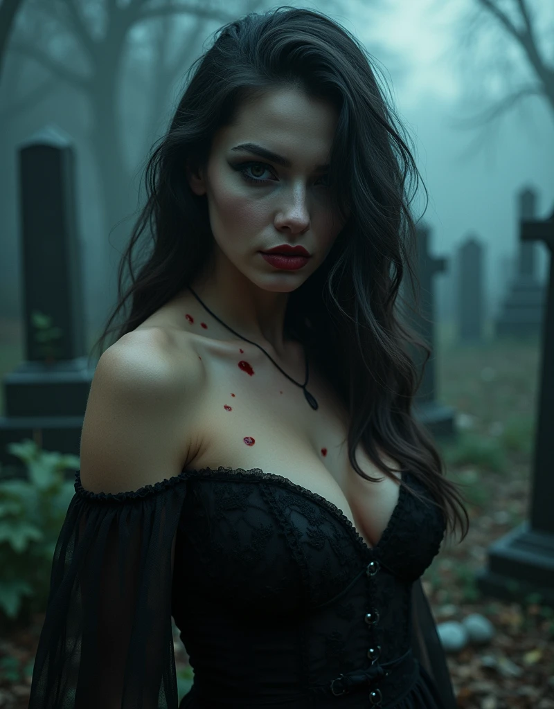 HDR photograph of a sensual, dark, moody woman, with deep shadows, relaxed, comfortable, straight, tousled hair, green eyes, glossy lips, dark eyeshadow, dark make-up, highly detailed designer blouse with a large neckline showing part of her beautiful breasts, sitting in a cemetery. High dynamic range, vivid and rich details, sharp shadows and highlights, realistic, intense, enhanced contrast, very detailed