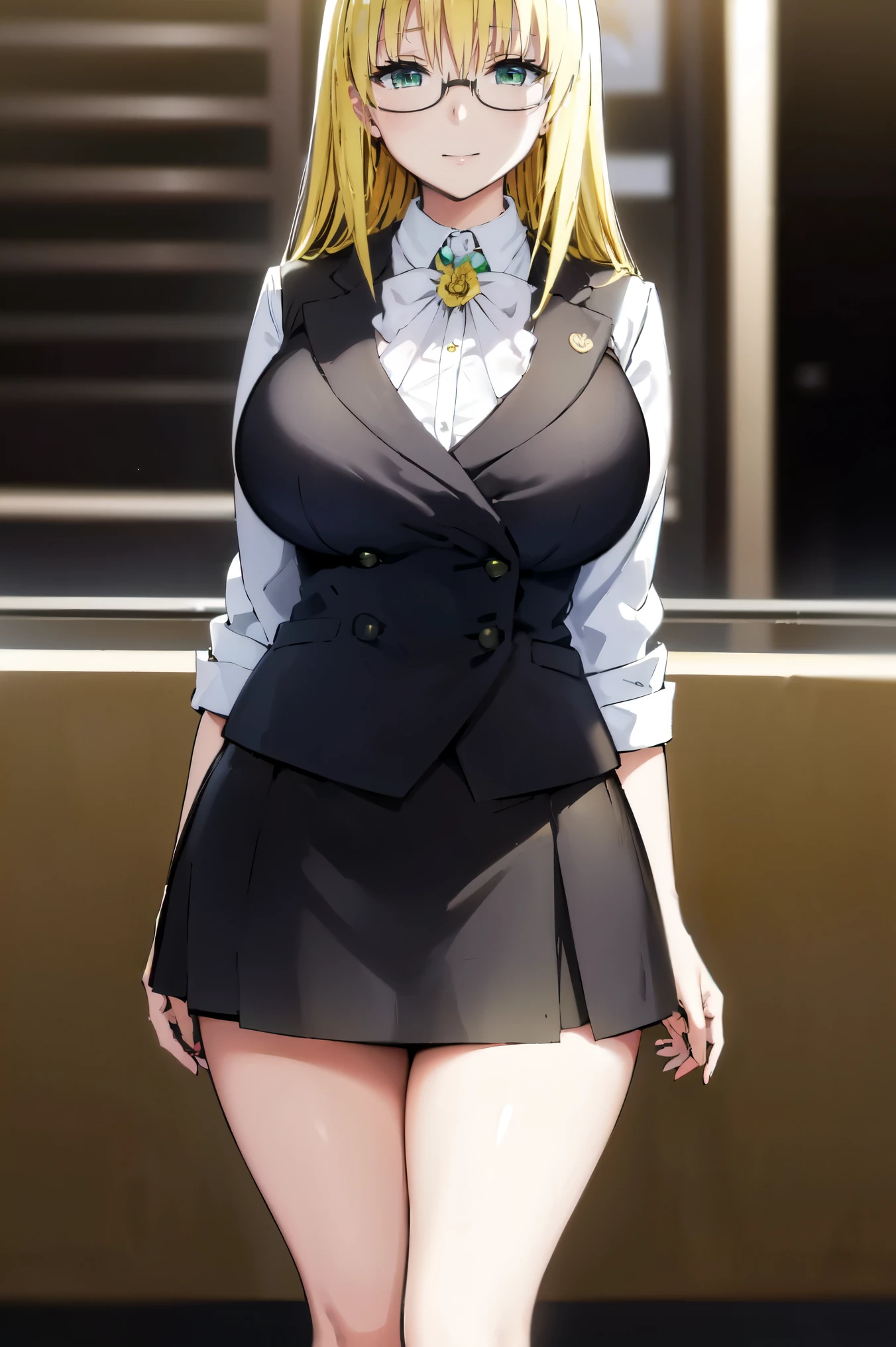 Blonde hair, very huge tits,   ((black bussines suite, short tight skirt, glasses, skirt, white nectie)), thick, busty, green eyes,  upperbody, smile, legs, thigh, flower garden