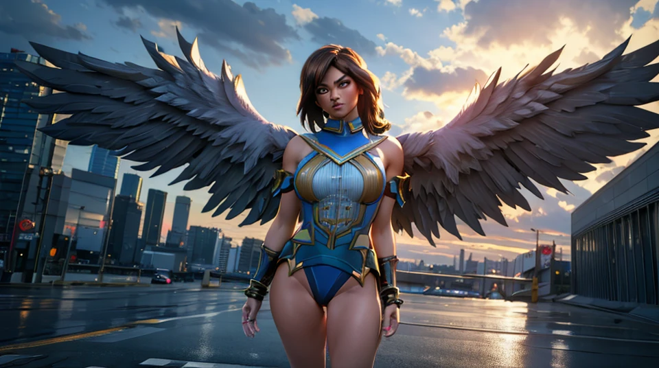 A beautiful young female angel with large, powerful wings, Furia, standing in a dramatic urban city landscape, (best quality,4k,8k,highres,masterpiece:1.2),ultra-detailed,(realistic,photorealistic,photo-realistic:1.37),highly detailed face and eyes,intricate wing feathers,dramatic lighting,cinematic composition,moody cityscape,skyscrapers,neon lights,cloudy sky