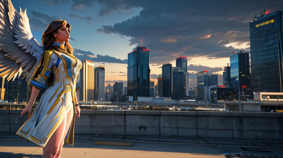 A beautiful young female angel with large, powerful wings, Furia, standing in a dramatic urban city landscape, (best quality,4k,8k,highres,masterpiece:1.2),ultra-detailed,(realistic,photorealistic,photo-realistic:1.37),highly detailed face and eyes,intricate wing feathers,dramatic lighting,cinematic composition,moody cityscape,skyscrapers,neon lights,cloudy sky