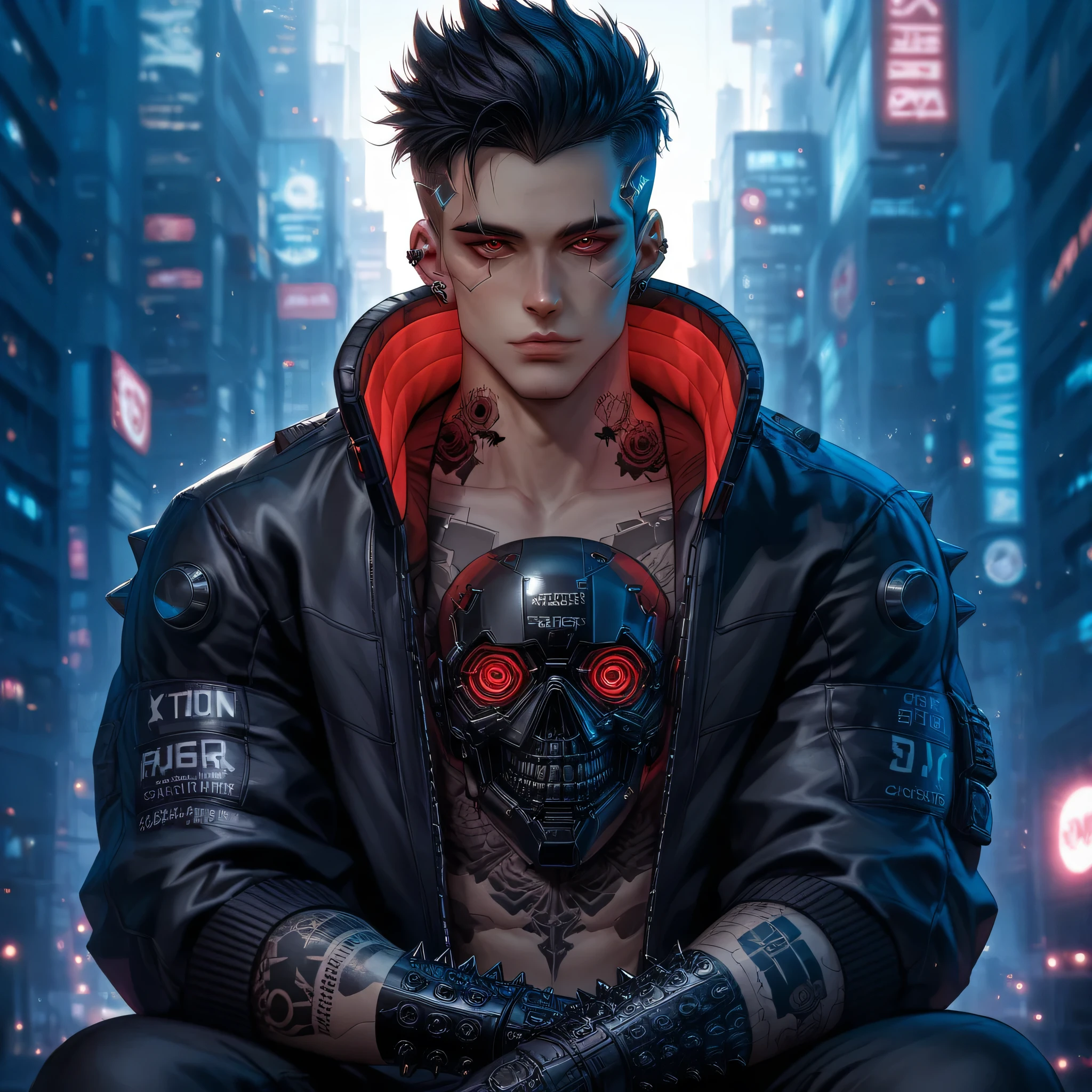 "dark theme :: closeup face focus, ultra realistic futuristic cyberpunk muscular male black hair sitting :: cyberpunk face (cyber eyes) :: (cool gothic jacket with studs and spikes) :: red neon eyes :: shirtless:: mechanical intricate mask :: natural lighting :: bokeh :: 8k :: best quality :: masterpiece :: futuristic gothic cityscape background :: (black out ink tattoo)) :: gothic style clothing :: gothic asthetic