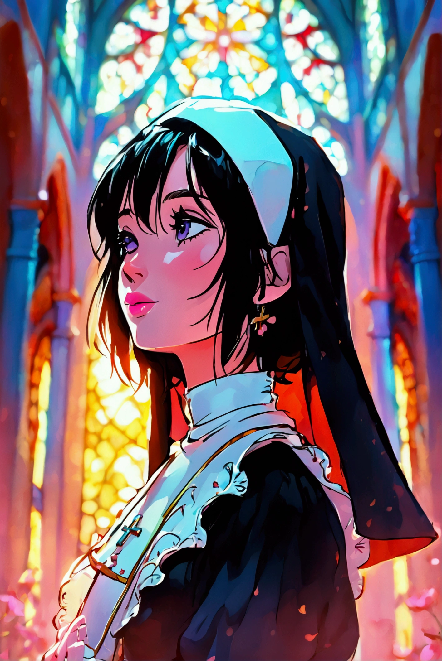  Camera one meter above the character's head, tilted 45 degrees plummeting . pixar style illustration.  Woman with angel wings and nun clothes praying , hincada,  eyes closed , pink lips. back:  cathedral with stained glass lighting ,  shallow depth of field.