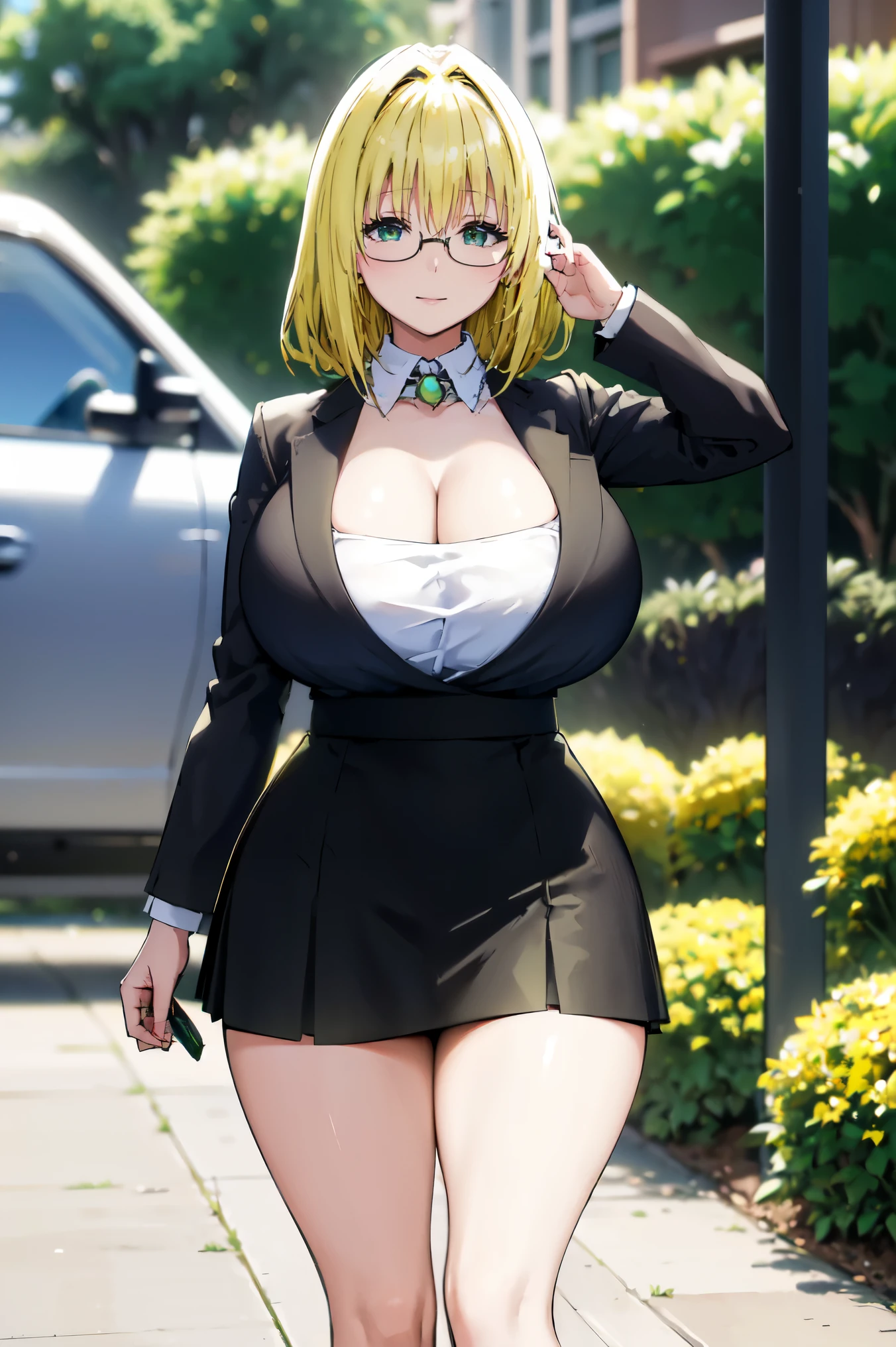 Blonde hair, very huge tits,   ((black bussines suite, short tight skirt, glasses, skirt, white nectie)), thick, busty, green eyes,  cleavage, upperbody, smile, legs, thigh, flower garden