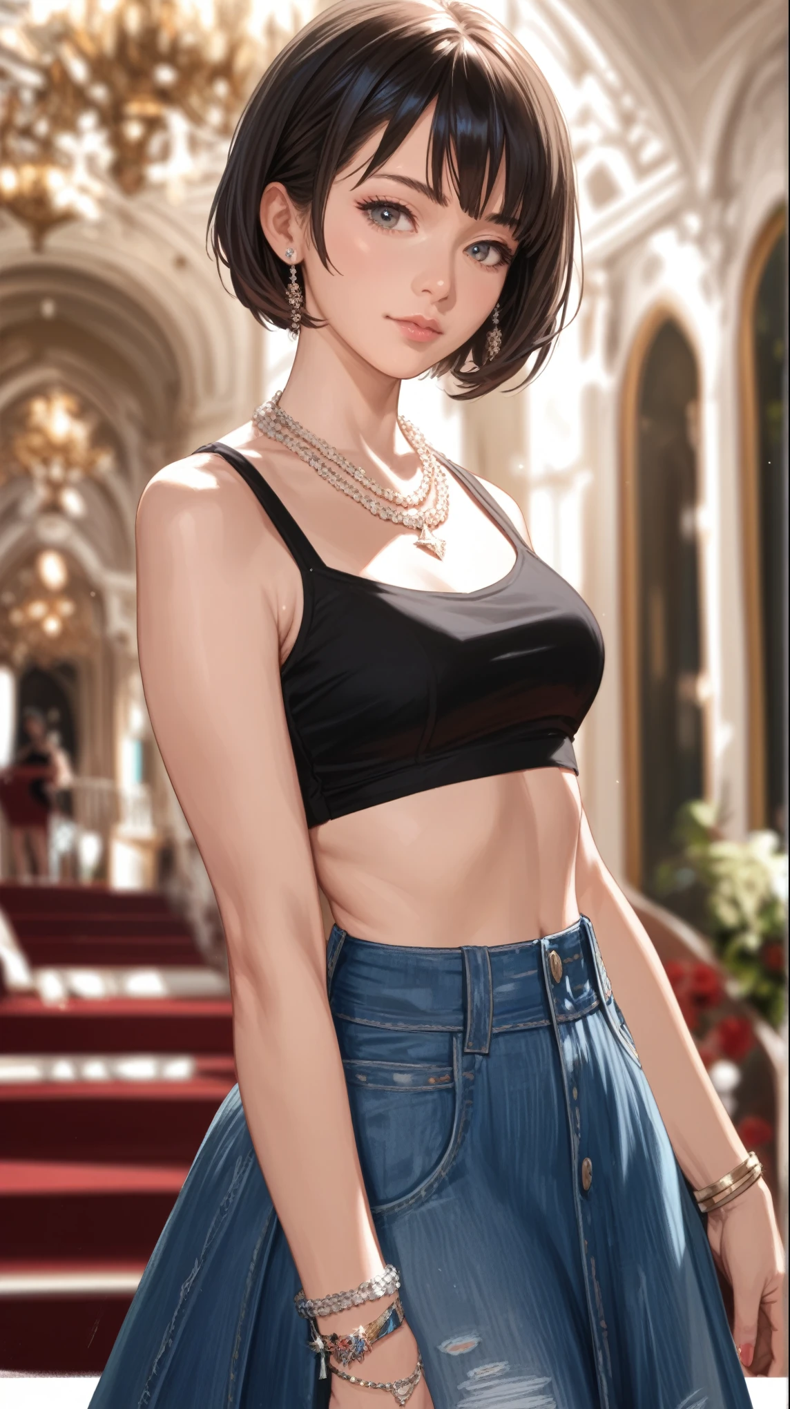 1girl,short hair with bangs,fitted black crop top, cropped denim skirt,necklace, bracelet,ultra-detailed,realistic portrait,vivid colors,warm tones,standing in an elegant ballroom