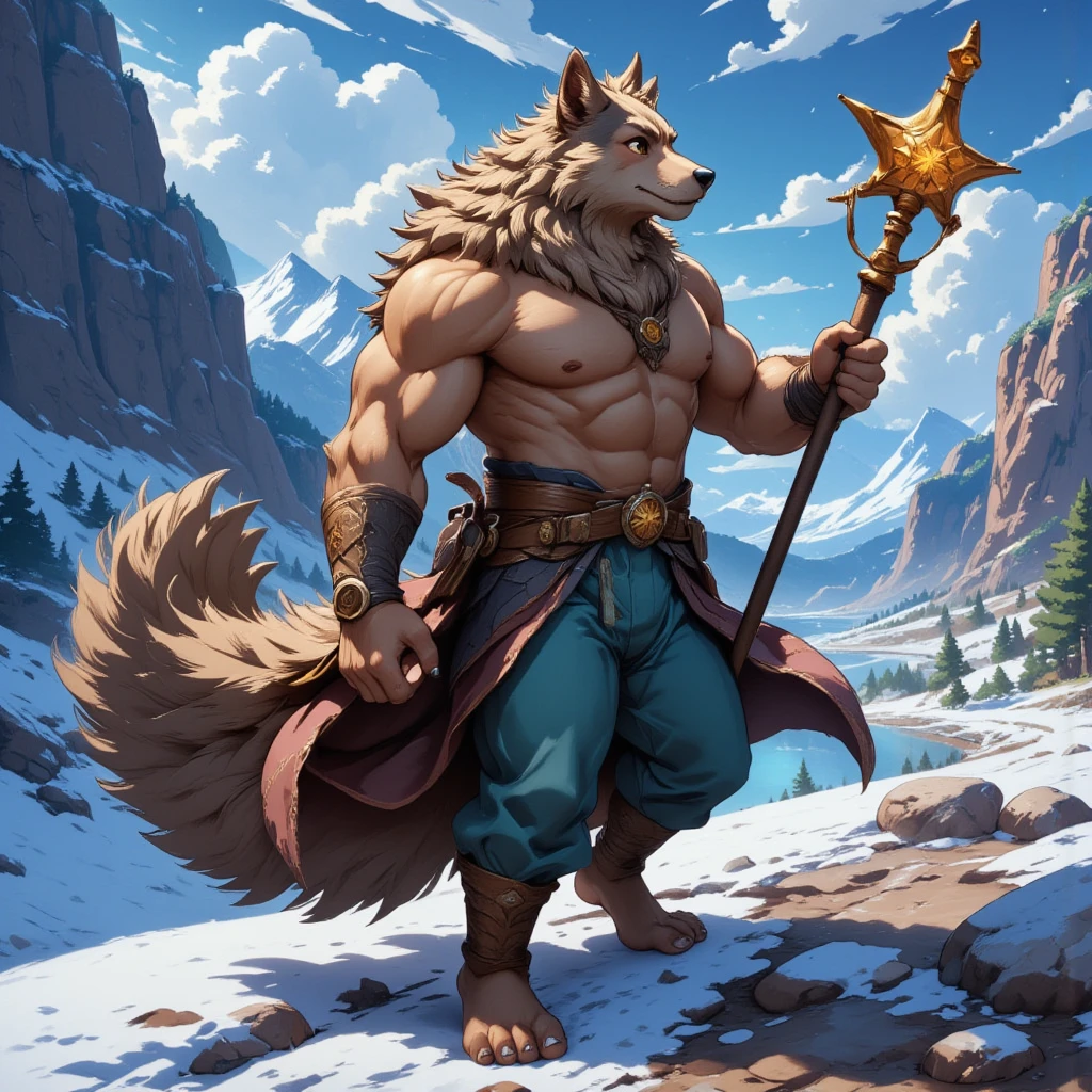 character focus, full body, looking away, various angle, european fantasy, wizard, a muscular middle-aged wolf man, heroic costume clothes, robe, shirt, pants, boots, magical starry stick casting tornado magic, cutting wind effect, dynamic pose, BREAK complete anatomy, perfect proportions, beautiful thigh gap, fluffy body, intricate fur details, beautiful fur texture, BREAK a detailed wolf 1tail, detailed boots, detailed foot, detailed hands, 5fingers, 5fingers nails, BREAK aesthetic anime face, insanity detailed face, male face, big face, square jawline, aesthetic anime eyes, detailed brown eyes, detailed brown cornea, detailed dark brown irises, detailed pupils, male eyes, big eyes, male eyebrows, innocent look, beautiful beard, BREAK full body in Michelangelo Buonarroti style, digital illustration anime, housamo style, detailed painting landscape, snow mountain, path, outdoor, full color, HDR, BREAK masterpiece, official art, best quality, very aesthetic, absurdres, super fine illustration, great quality, BREAK noise reduction, very highres, large filesize, high quality, 32K, 8k wallpaper, dynamic lighting, BREAK insanity detailed, ultra detailed, intricate details, extremely detailed, detailed texture, an extremely delicate and beautiful, BREAK osukemo, e621 illustration, kemohomo, anthropomorphic, furry, cartoon, harmonious body, pastoral face, virtuous eyes, epic atmosphere