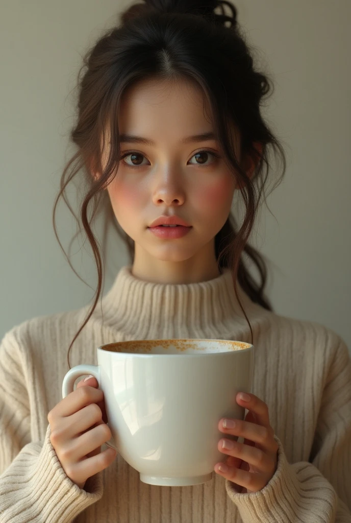 A minimalist portrait of a woman in a knit tops drinking a (steaming cup of tea:1.2), (detailed beautiful face:1.0), vector image, abstract lines, gigantic breasts, giga_busty,Detailedface