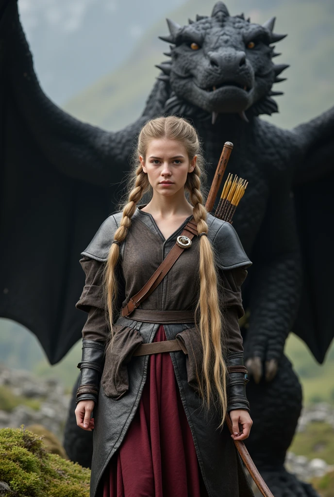 A 20-year-old High Elf of unearthly beauty,длинные эльфийские уши,  thin and refined face and long blond hair gathered in many pigtails that gently shine in the light.  She is dressed in exquisite but worn leather armor, her clothes are made of expensive burgundy silk.,on her back is a dark cloak,((In her right hand the elf holds a long sword)), 
In the background, a majestic black dragon spread its wings, as if protecting an elf, (Tolkien's the Lord of the Rings universe, maximum realism)держит длинный меч в правой руке,эльфийка(девушка эльф,юная девушка эльф)