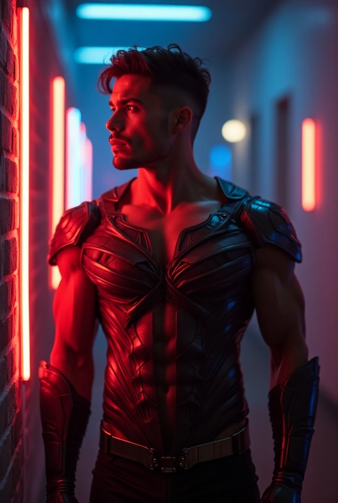Professional photo in cyberpunk style, thigh-high photo, one man, metal skull, scar on face, metal torso, metal arms, old rusty armor, night city, neon lights, eye contact, looking at viewer, masterpiece, best quality, perfect  detail, perfect face detail, perfect eye detail, perfect skin detail, depth of field, perfect lighting