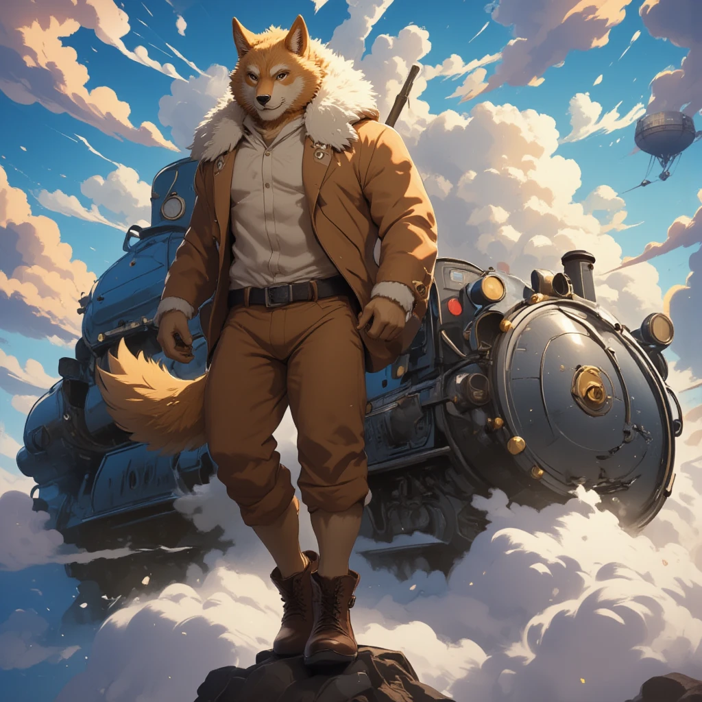 character focus, full body, looking away, dynamic angle, steam punk, middle-aged wolf man, get on a train, little smile, costume clothes, jacket, pants, boots, BREAK full body in Michelangelo Buonarroti style, housamo style, digital illustration anime, detailed painting landscape, steam locomotive runs above a sea of clouds, the airship floats, Retro-future, full color, HDR, BREAK complete anatomy, perfect proportions, beautiful thigh gap, fluffy body, intricate fur details, beautiful fur texture, BREAK a detailed wolf 1tail, detailed toe, 5toes, 5toes nails, detailed foot, detailed hands, 5fingers, 5fingers nails, BREAK aesthetic anime face, insanity detailed face, male face, big face, square jawline, aesthetic anime eyes, detailed brown eyes, detailed brown cornea, detailed dark brown irises, detailed pupils, male eyes, big eyes, male eyebrows, innocent look, beautiful beard, BREAK masterpiece, official art, best quality, very aesthetic, absurdres, super fine illustration, great quality, BREAK noise reduction, very highres, large filesize, high quality, 32K, 8k wallpaper, dynamic lighting, BREAK insanity detailed, ultra detailed, intricate details, extremely detailed, detailed texture, an extremely delicate and beautiful, BREAK e621 illustration, osukemo, kemohomo, anthropomorphic, furry, cartoon, harmonious, pastoral face, virtuous eyes, traveling atmosphere