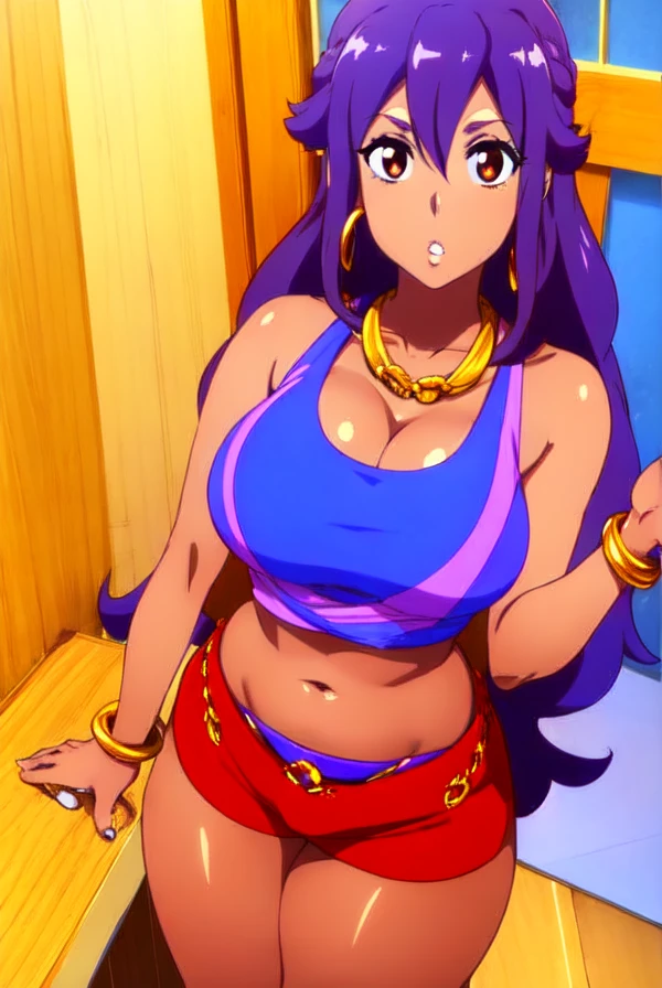 Asuna yuuki,purple hair,big breast,cleavage,brown eyes,Thick lips,puckered lips,tanned Brown  skin,Curvy figure,Gold chain necklace,((Hoopa earring)),long nail,Hoopa bracelet,Curly messy hair,hotpants,Tank top,Hair behind ear,Hime cut bang hair,1girl,Solo,Thin eyebrow