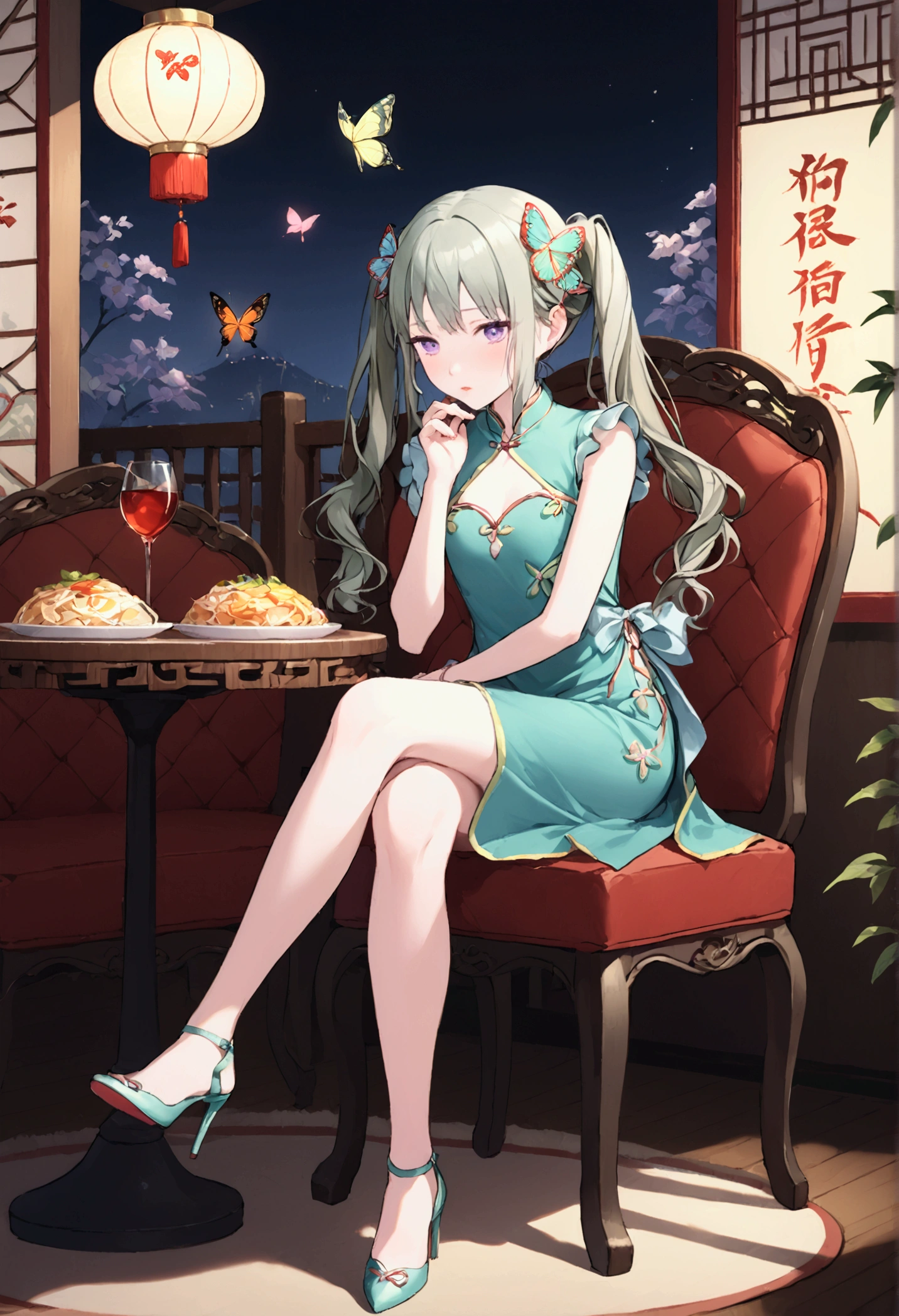 High image quality 、masterpiece、  High Quality 、Full HD、4K 、Kusanagi Nin々、Long hair 、Butterfly Hair Ornament、 twin tails、Purple Eyes、slim、 green china dress、blush、 makes your cheeks red、Red blush on cheeks、 shy 、 flat chest、 sitting on a chair 、 crosses legs、 high heels、Chinese table 、Chinese Restaurant