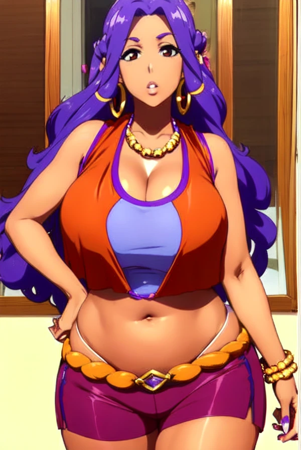 Asuna yuuki,purple hair,big breast,cleavage,brown eyes,Thick lips,puckered lips,tanned Brown  skin,Curvy figure,Gold chain necklace,((Hoopa earring)),long nail,Hoopa bracelet,Curly messy hair,hotpants,Tank top,Hair behind ear,Hime cut bang hair,1girl,Solo,Thin eyebrow