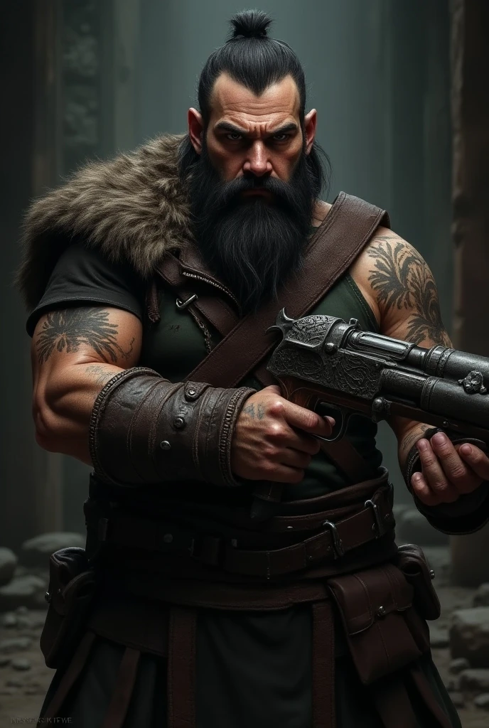 Bearded guerrilla with black punk uniform, crumbling background, realistic, stylish, rutkowski, hdr, intricate details, hyperdetailed, cinematic, rim light, danger atmosphere, noir, night, red light, dark street, rain