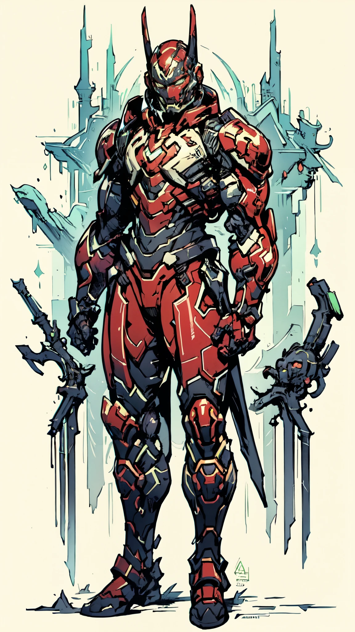 (masterpiece:1.5, best quality:1.5, extremely delicate:1.5), ((male:1.5)), a man wearing a full-face helmet, green eyes, fantasy-style high-tech biomimetic armored combat suit, (a composite layered chest armor), the design balances heavy with agility, fully enclosed shoulder guards, matching arm and leg guards, a belt of gemstone, (the color scheme is primarily Scarlet with White and Green accents, Organic Biotech, Concept Inspired by Iron man, glowing eyes, armor glows, stand of a futuristic sci-fi city), this character embodies a finely crafted fantasy-style armored hero in anime style, exquisite and mature art style, metallic, high definition, highres, ultra-detailed, ultra-fine painting, professional, perfect body proportions, golden ratio, anatomically correct, symmetrical face, extremely detailed eyes and face, high quality eyes, creativity, RAW photo, UHD, 32k, Natural light, cinematic lighting, masterpiece-anatomy-perfect