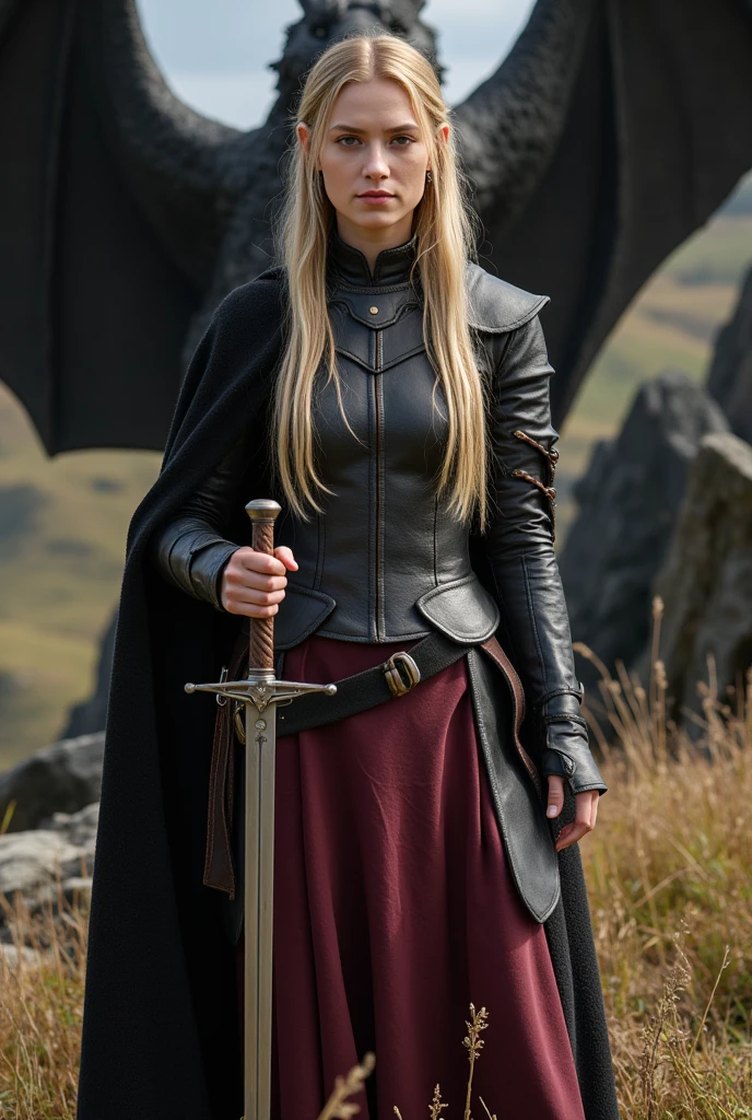 A 20-year-old High Elf of unearthly beauty,длинные эльфийские уши,  thin and refined face and long blond hair gathered in many pigtails that gently shine in the light.  She is dressed in exquisite but worn leather armor, her clothes are made of expensive burgundy silk.,on her back is a dark cloak,((In her right hand the elf holds a long sword)), 
In the background, a majestic black dragon spread its wings, as if protecting an elf, (Tolkien's the Lord of the Rings universe, maximum realism)держит длинный меч в правой руке,эльфийка(девушка эльф,юная девушка эльф)