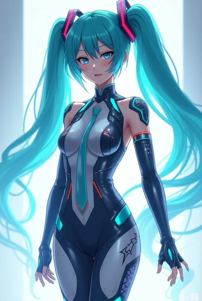 Hatsune Miku Vocaloid, Twin Tails, Light Blue Eyes, Light Blue Hair, Bodysuit, Cyber punk, Ultimate Physical Beauty, Beautiful Eyes, big breasts, embarrassed look , Bigchest, 8K CG, Top Quality, Best Image Quality,
