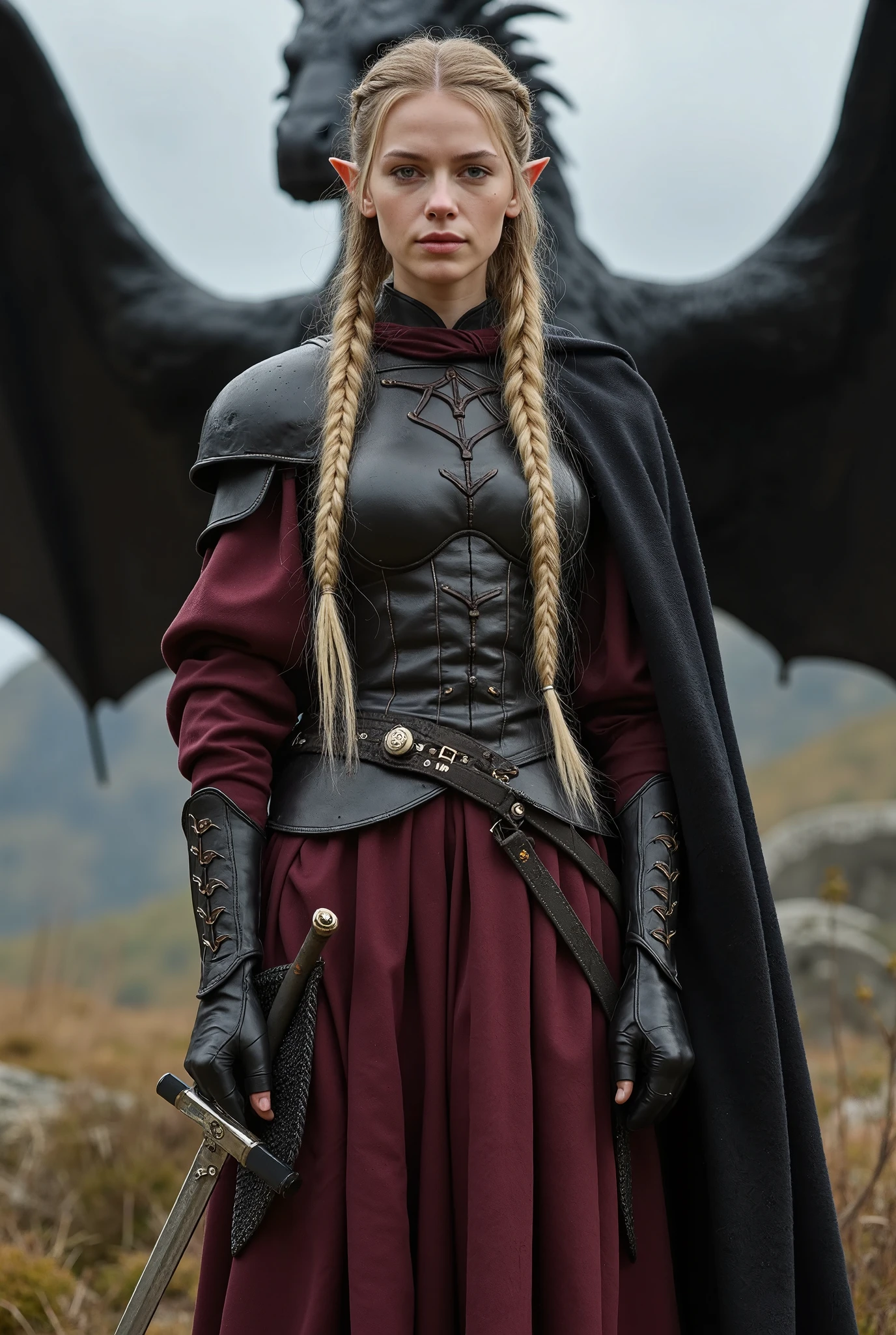 A 20-year-old High Elf of unearthly beauty,длинные эльфийские уши,  thin and refined face and long blond hair gathered in many pigtails that gently shine in the light.  She is dressed in exquisite but worn leather armor, her clothes are made of expensive burgundy silk.,on her back is a dark cloak,((In her right hand the elf holds a long sword)), 
In the background, a majestic black dragon spread its wings, as if protecting an elf, (Tolkien's the Lord of the Rings universe, maximum realism)держит длинный меч в правой руке,эльфийка(девушка эльф,юная девушка эльф)