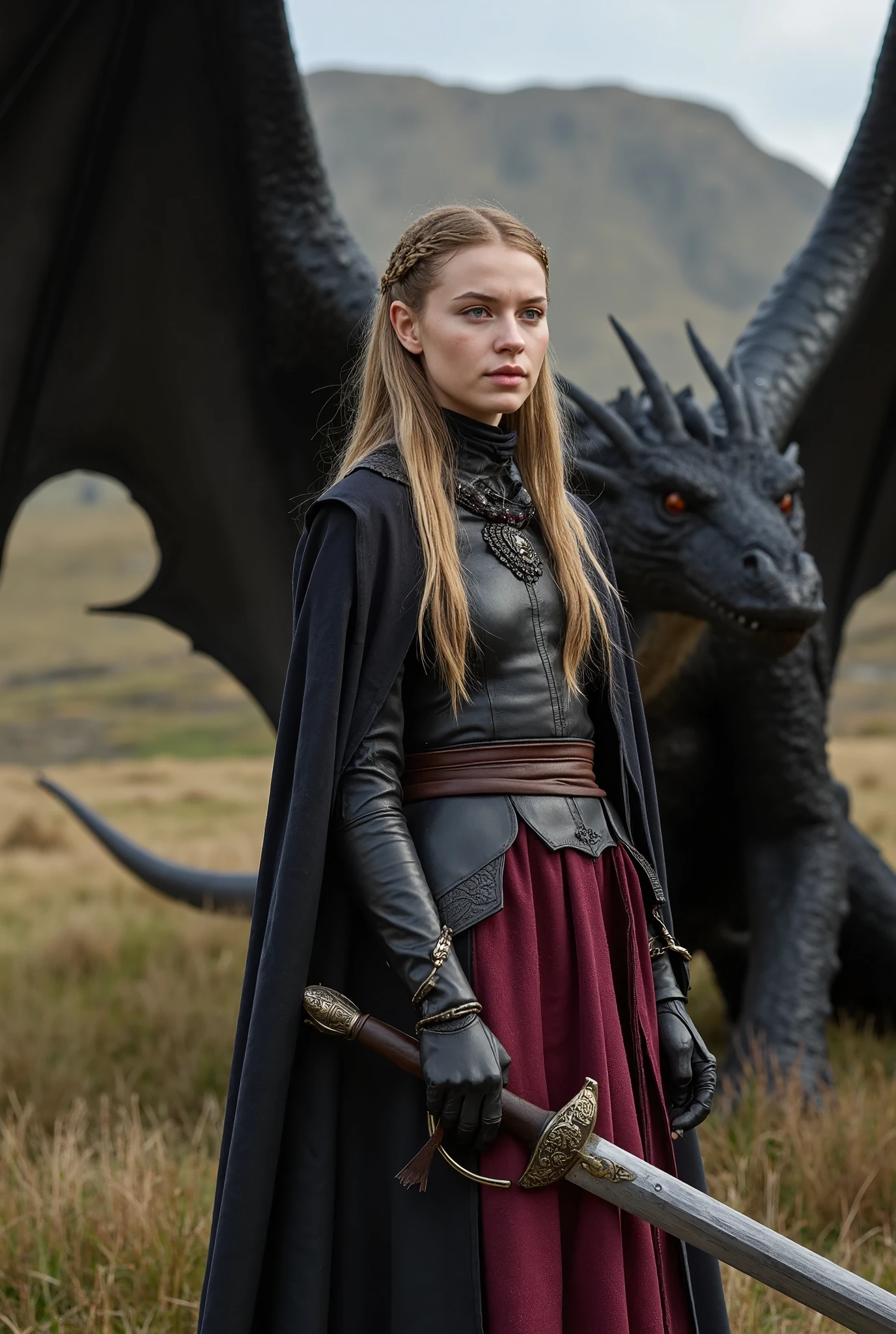 A 20-year-old High Elf of unearthly beauty,длинные эльфийские уши,  thin and refined face and long blond hair gathered in many pigtails that gently shine in the light.  She is dressed in exquisite but worn leather armor, her clothes are made of expensive burgundy silk.,on her back is a dark cloak,((In her right hand the elf holds a long sword)), 
In the background, a majestic black dragon spread its wings, as if protecting an elf, (Tolkien's the Lord of the Rings universe, maximum realism)держит длинный меч в правой руке,эльфийка(девушка эльф,юная девушка эльф)