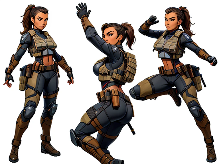 (masterpiece, top quality, best quality, official art,beautiful and aesthetic:1.2),(4k,8k, best quality,masterpiece:1.2),(((white background))), solo,Female gunner, standing position, holding a pistol, wearing black gloves and protective gear, with braided hair, representing female characteristics. The character has a clear and accurate structure, modern realistic representation, and consistent lighting that looks natural and believable.