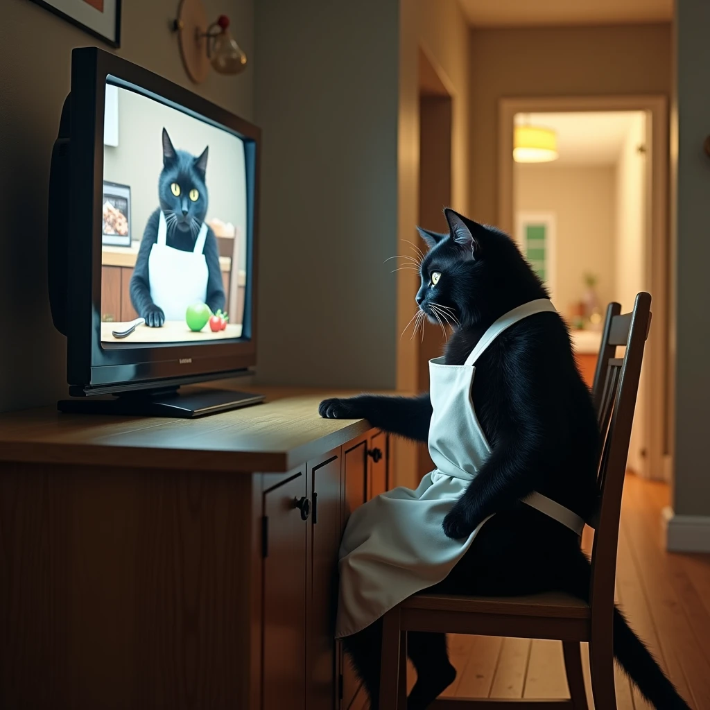  leading to the dining-kitchen a black cat that acts like a human inside when you open the door((Cait Sith))is sitting on a chair and watching TV 、Watching a cooking show intently with a serious expression 、Leaning forward to watch TV 、Wearing white apron。