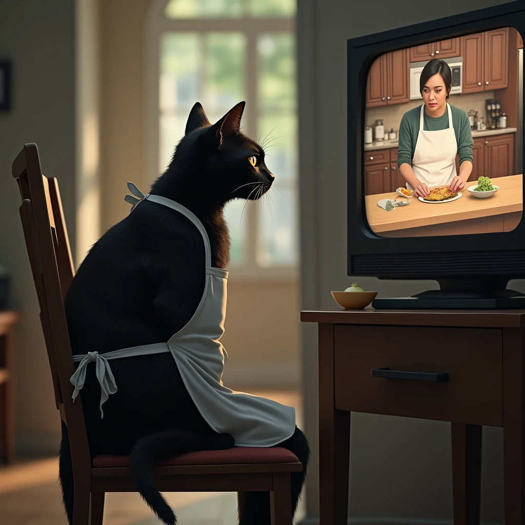  leading to the dining-kitchen a black cat that acts like a human inside when you open the door((Cait Sith))is sitting on a chair and watching TV 、Watching a cooking show intently with a serious expression 、Leaning forward to watch TV 、Wearing white apron。