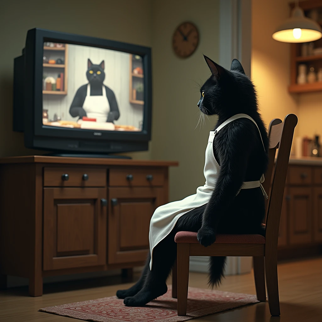  leading to the dining-kitchen a black cat that acts like a human inside when you open the door((Cait Sith))is sitting on a chair and watching TV 、Watching a cooking show intently with a serious expression 、Leaning forward to watch TV 、Wearing white apron。