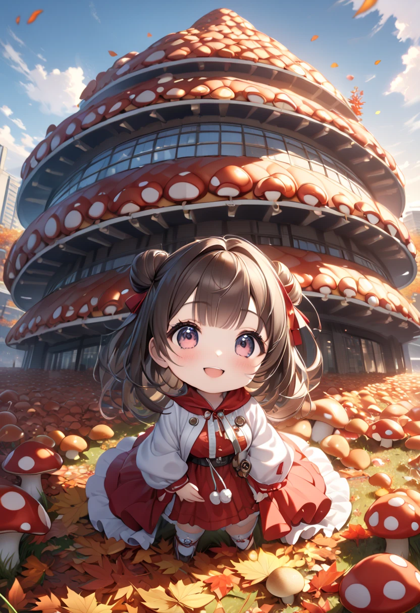 (masterpiece, ultra-detailed, best quality, clear focus, dramatic scene, cinematic), shadow, (ultra-high resolution, 8k), perfect anatomy, perfect face, (detailed face, detailed eye), cute Japanese chibi girl, (chibi:1.2), famous Japanese idol, very beautiful and cute and cool face, (wearing a cute outdoor wear:1.3), (large breasts), slim waist, happy smile, she looks so fun, (She is in front of the huge building that made from mushrooms in the autumn leaves:1.3), a lot of large mushrooms are on the ground, many apples, many persimmons 